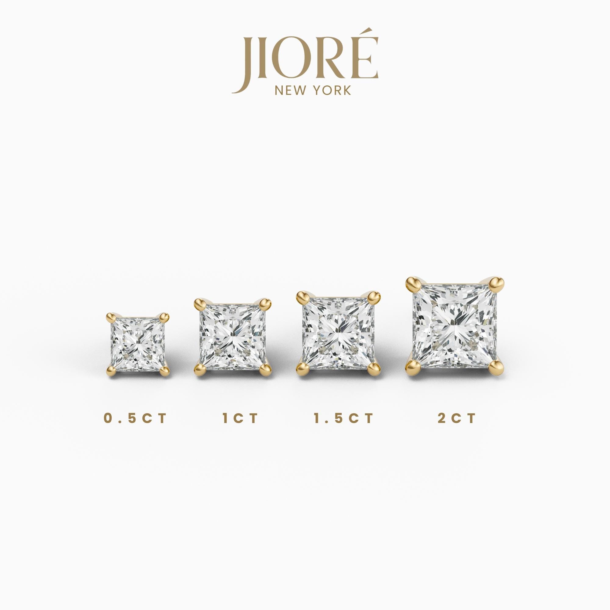 14k Gold Princess Cut Studs Prong Set Diamond Earrings 1.00-4.00 CTW Minimalist Gift For Her By JIORE
