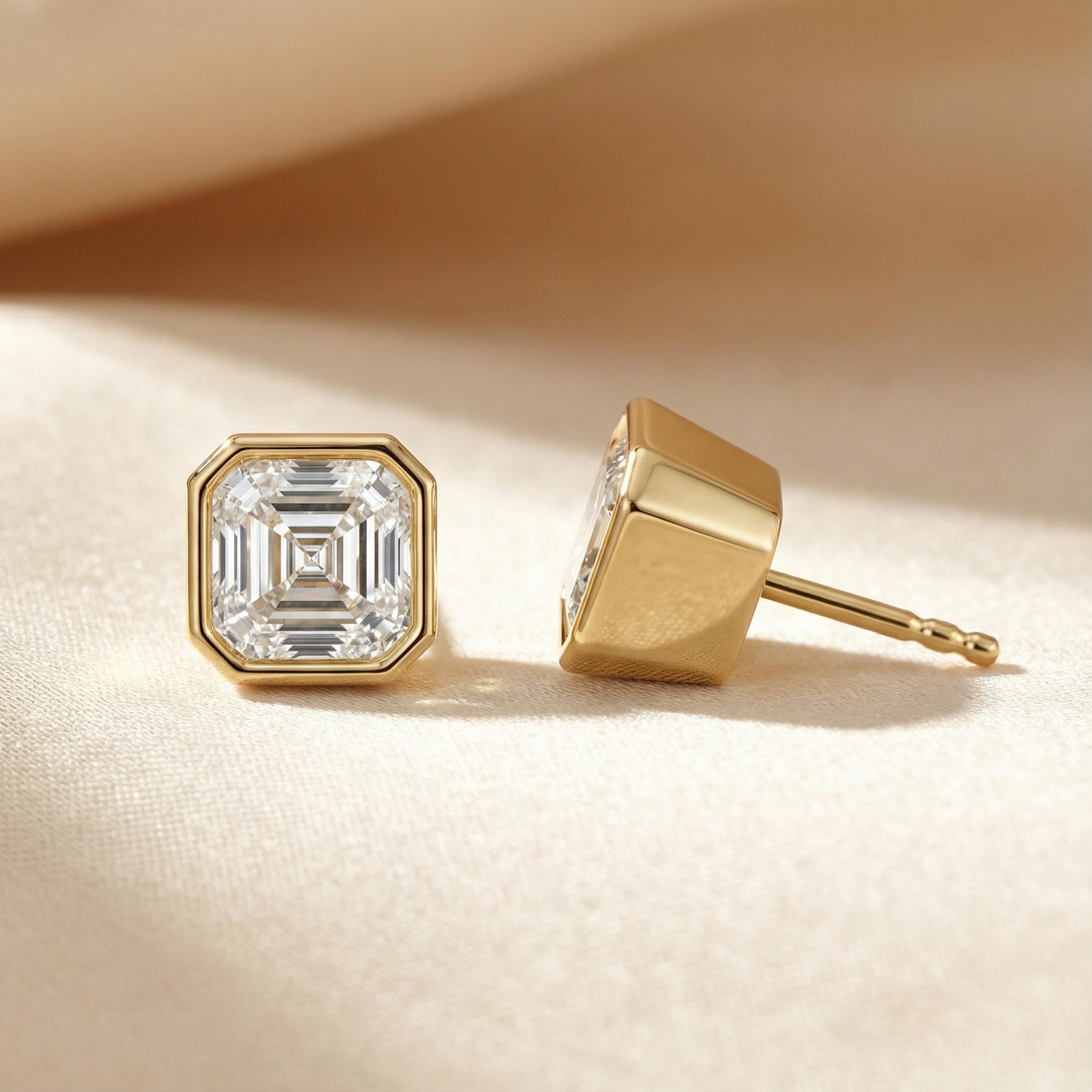 14k Gold Asscher Cut Studs Bezel Set Diamond Earrings 1.00-4.00 CTW Minimalist Gift For Her By JIORE