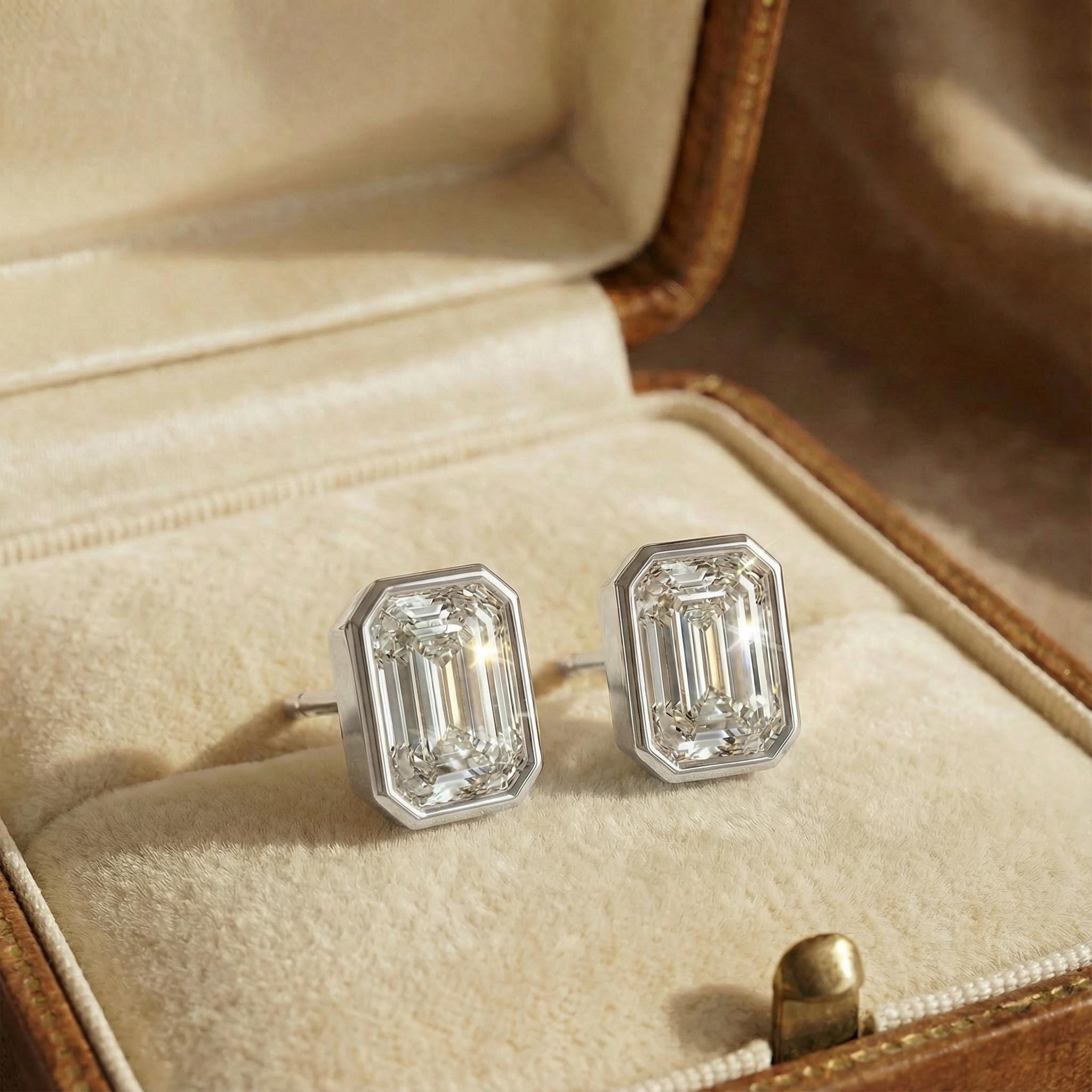 14k Gold Emerald Cut Studs Bezel Set Diamond Earrings 1.00-4.00 CTW Minimalist Gift For Her By JIORE