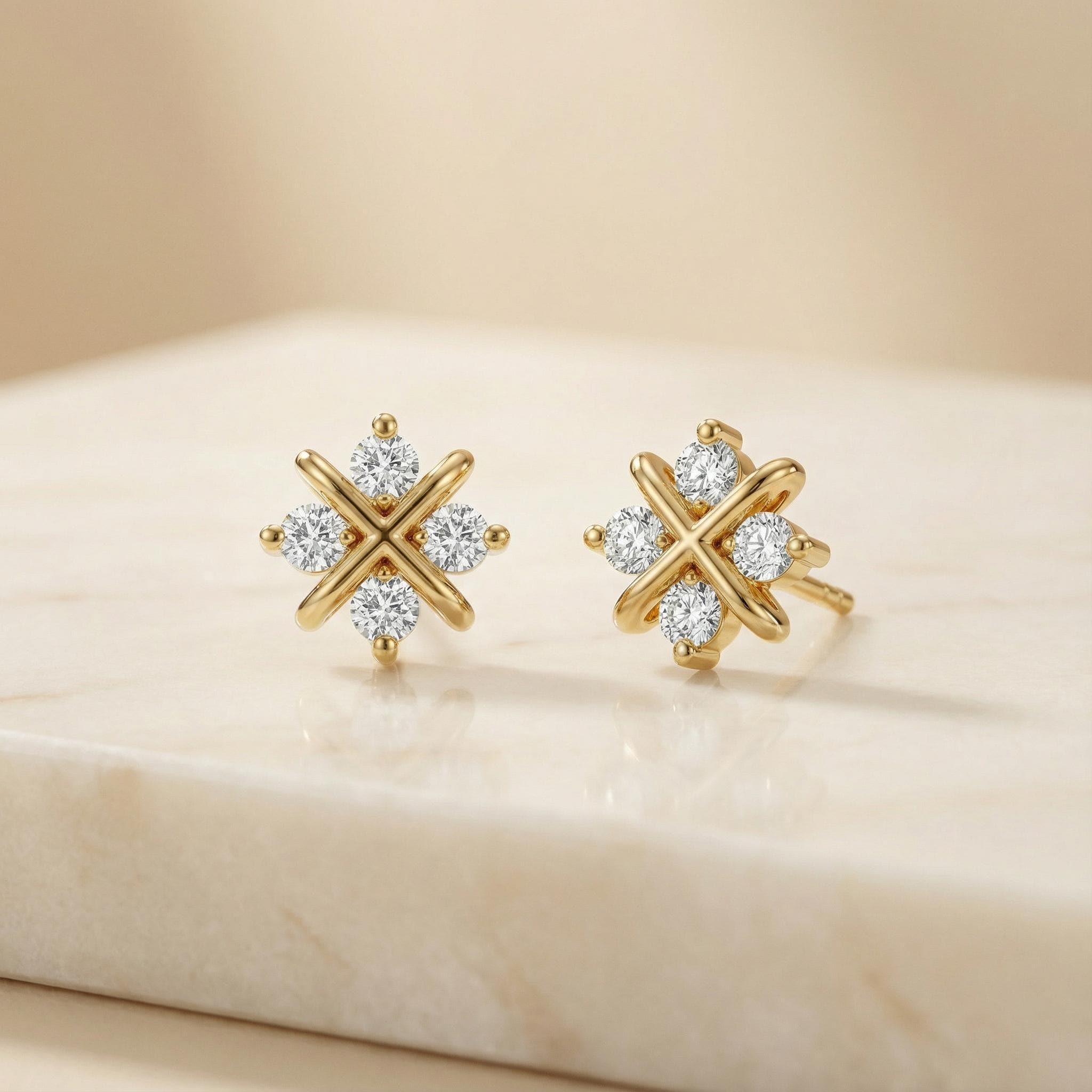4 Stone Round Brilliant Cut Studs Floral X Design 14K Gold Prong Set Diamond Earrings