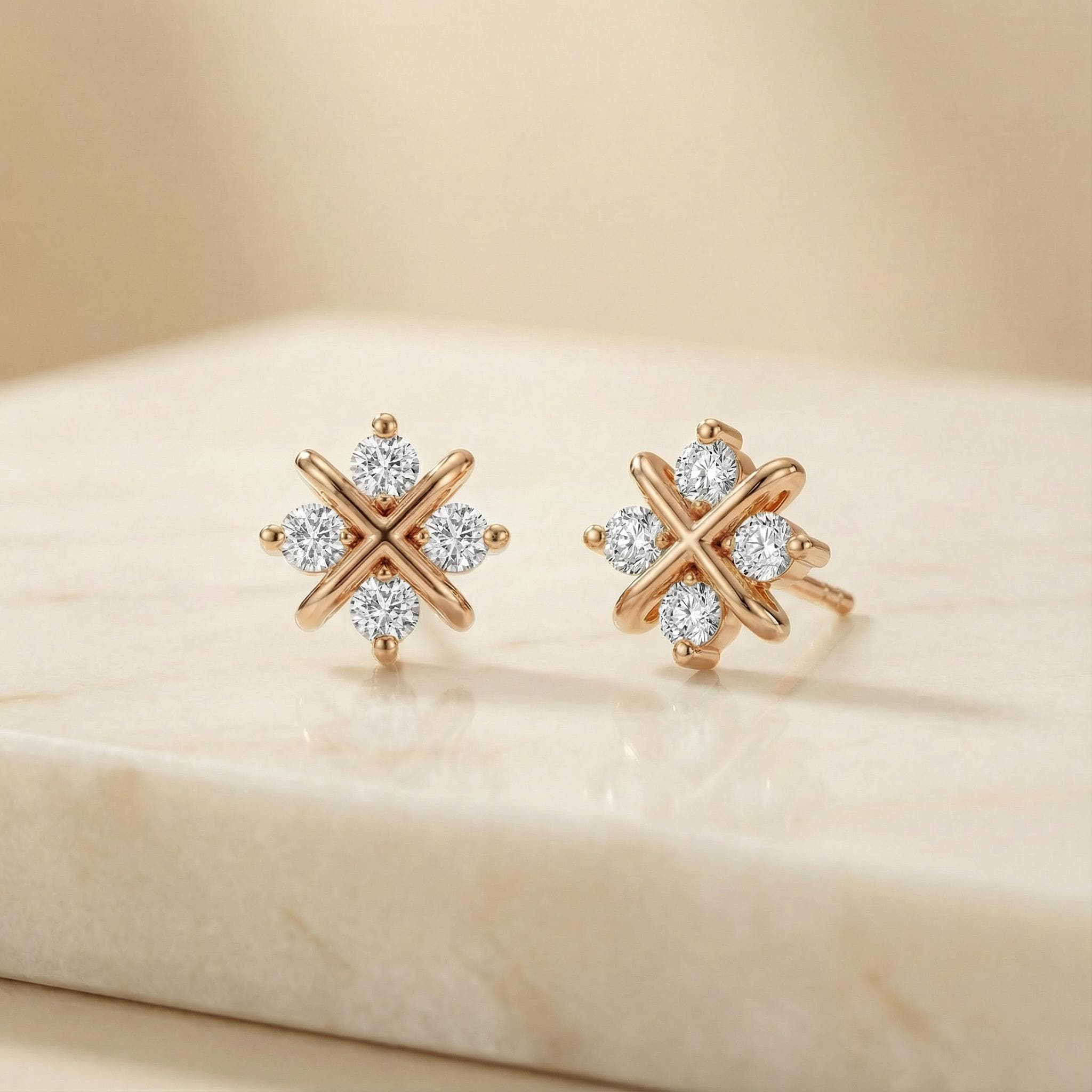 4 Stone Round Brilliant Cut Studs Floral X Design 14K Gold Prong Set Diamond Earrings