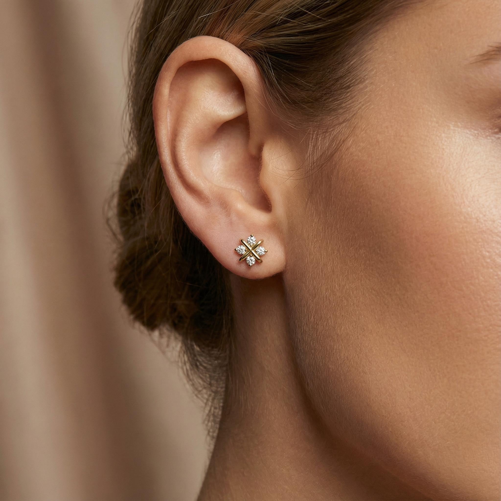 4 Stone Round Brilliant Cut Studs Floral X Design 14K Gold Prong Set Diamond Earrings