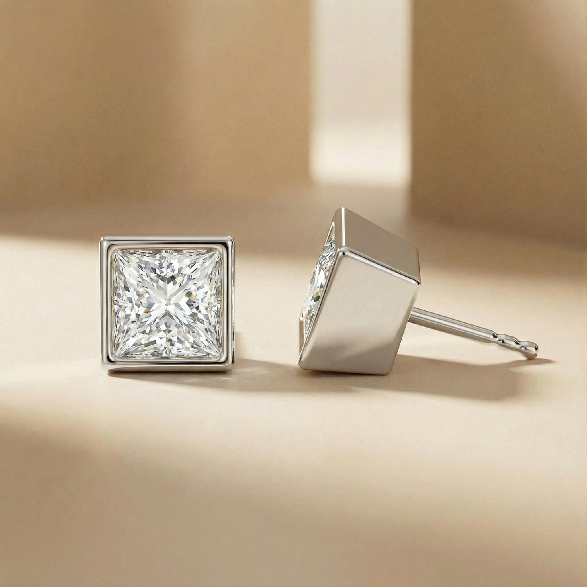 14k Gold Princess Cut Studs Bezel Set Diamond Earrings 1.00-4.00 CTW Minimalist Gift For Her By JIORE