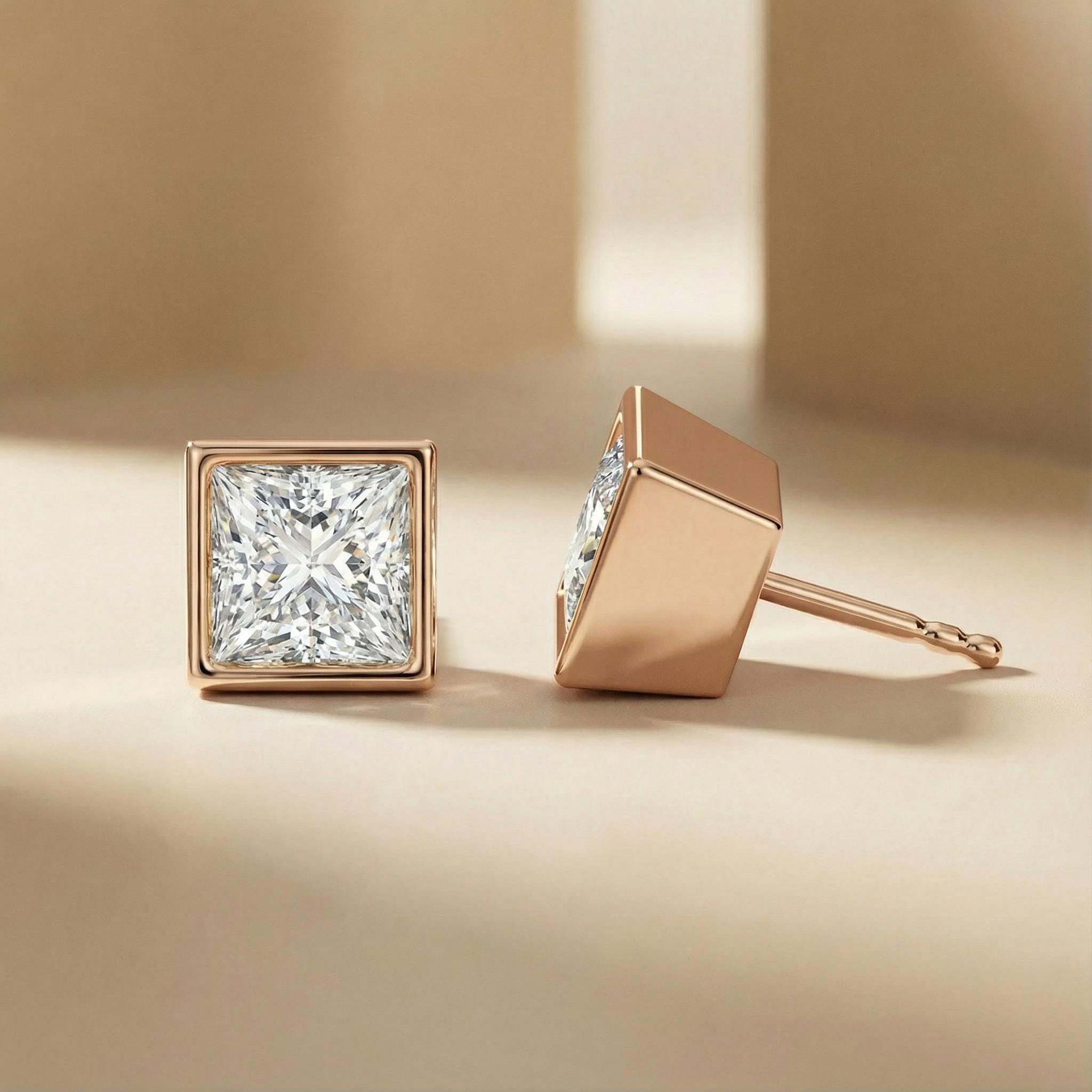 14k Gold Princess Cut Studs Bezel Set Diamond Earrings 1.00-4.00 CTW Minimalist Gift For Her By JIORE