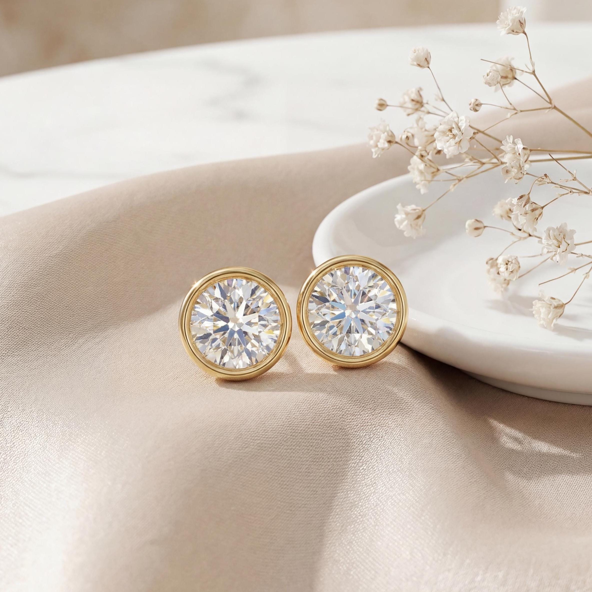 14k Gold Round Brilliant Cut Studs Bezel Set Diamond Earrings 1.00-4.00 CTW Minimalist Gift For Her By JIORE