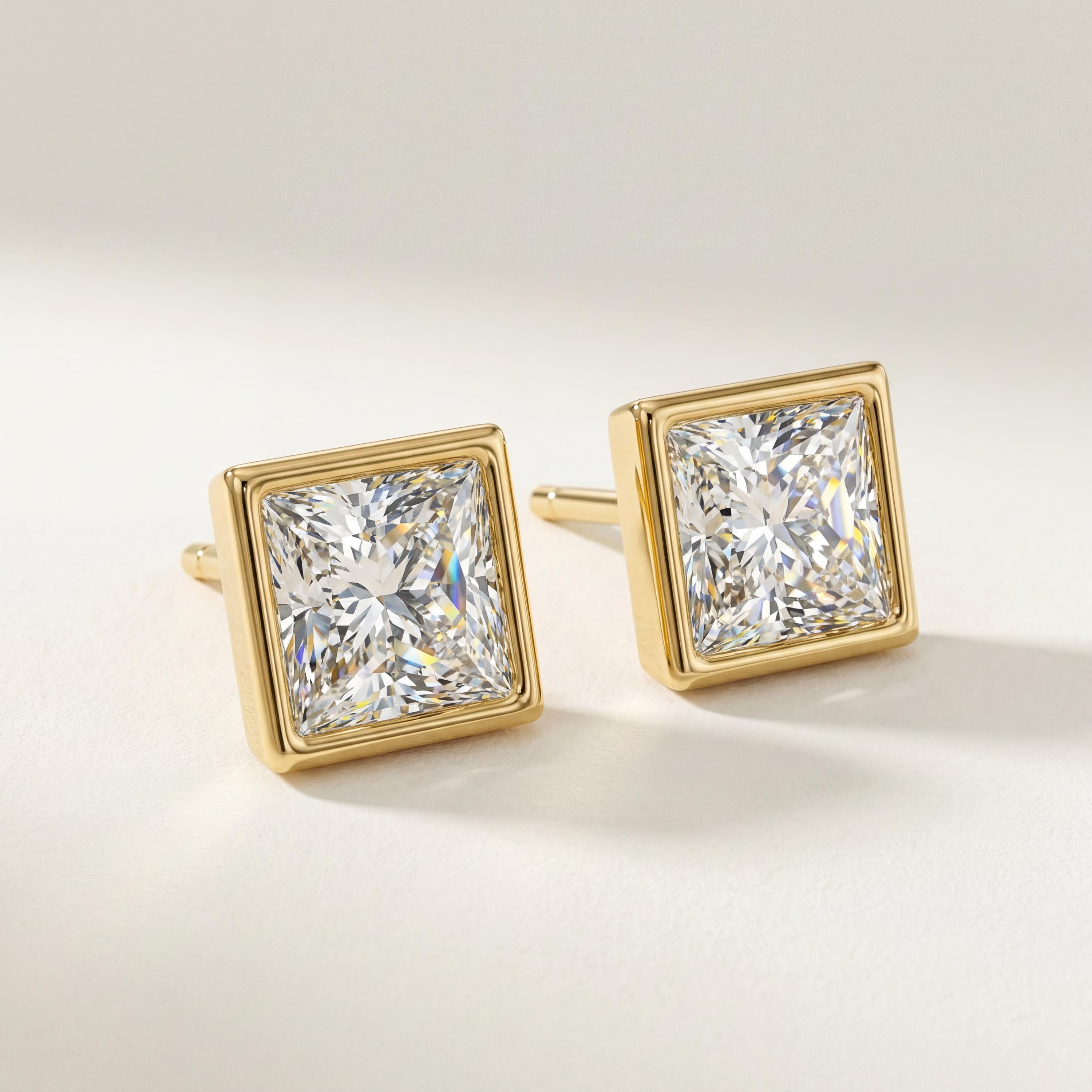 14k Gold Princess Cut Studs Bezel Set Diamond Earrings 1.00-4.00 CTW Minimalist Gift For Her By JIORE
