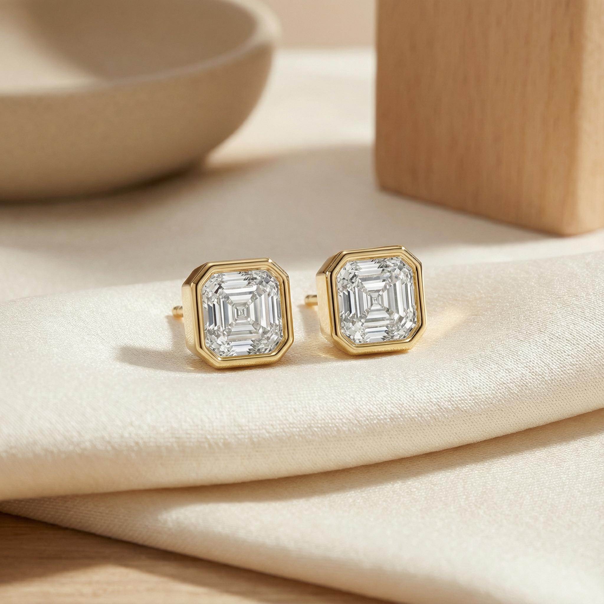 14k Gold Asscher Cut Studs Bezel Set Diamond Earrings 1.00-4.00 CTW Minimalist Gift For Her By JIORE