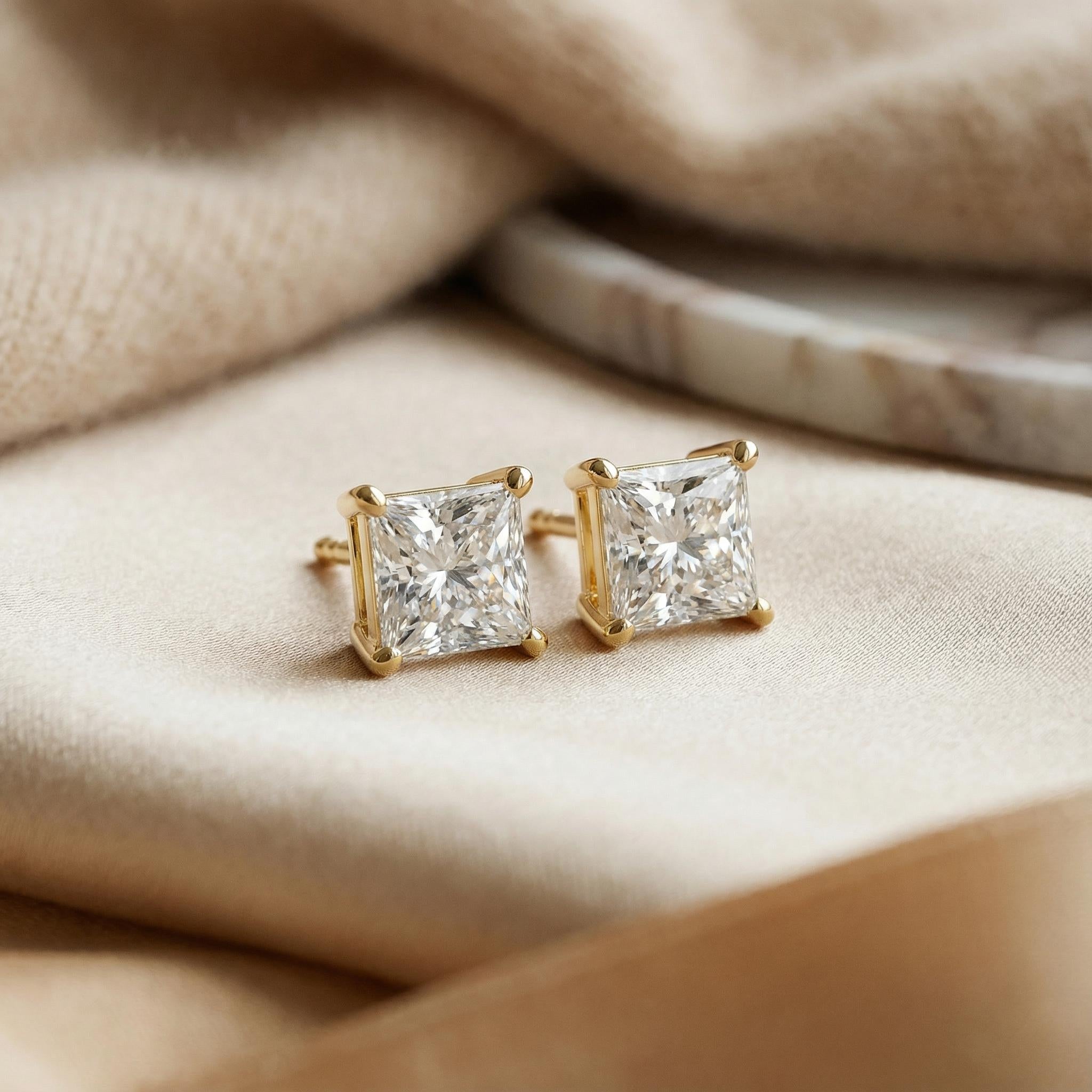 14k Gold Princess Cut Studs Prong Set Diamond Earrings 1.00-4.00 CTW Minimalist Gift For Her By JIORE