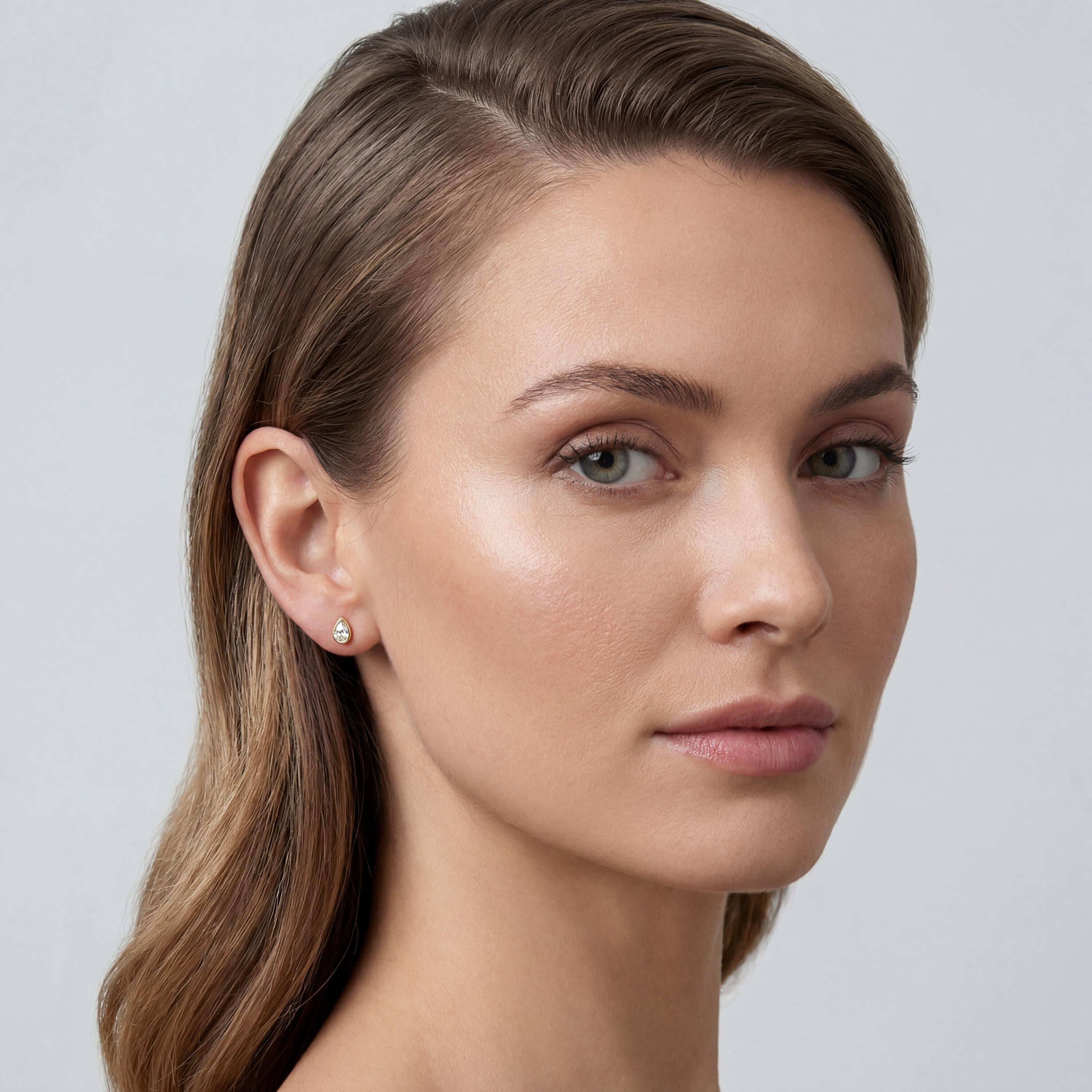 14k Gold Pear Cut Studs Bezel Set Diamond Earrings 1.00-4.00 CTW Minimalist Gift For Her By JIORE