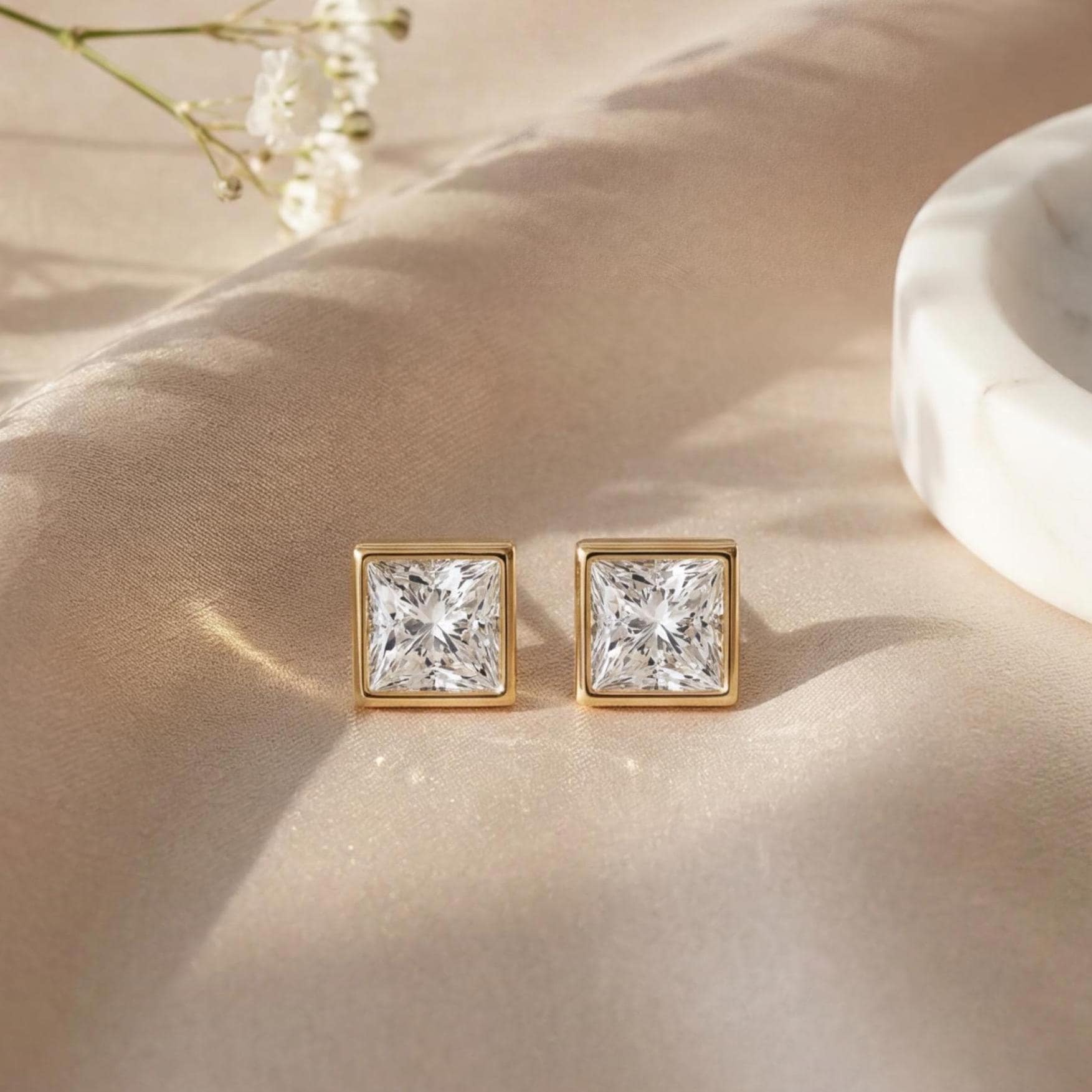 14k Gold Princess Cut Studs Bezel Set Diamond Earrings 1.00-4.00 CTW Minimalist Gift For Her By JIORE