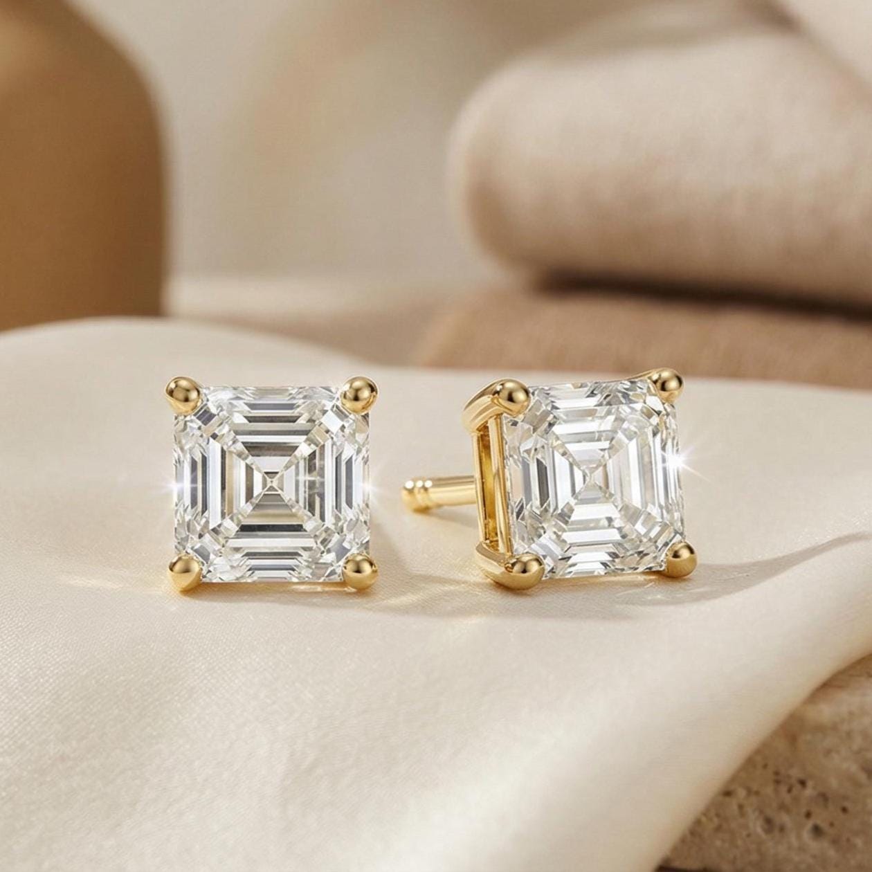 14k Gold Asscher Cut Studs Prong Set Diamond Earrings 1.00-4.00 CTW Minimalist Gift For Her By JIORE