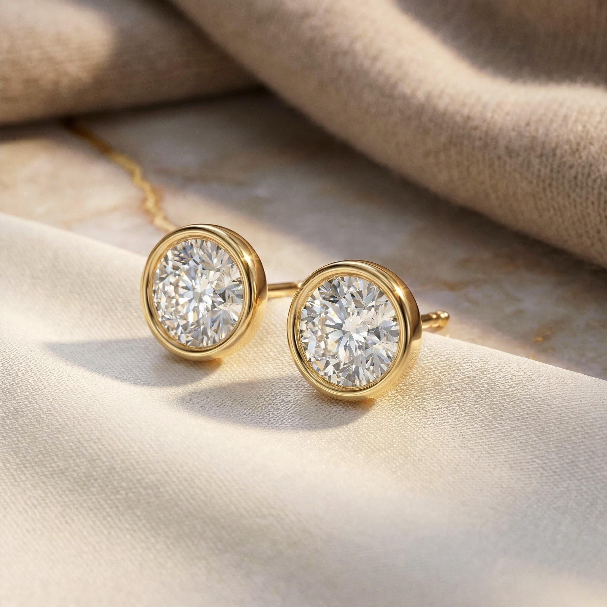 14k Gold Round Brilliant Cut Studs Bezel Set Diamond Earrings 1.00-4.00 CTW Minimalist Gift For Her By JIORE