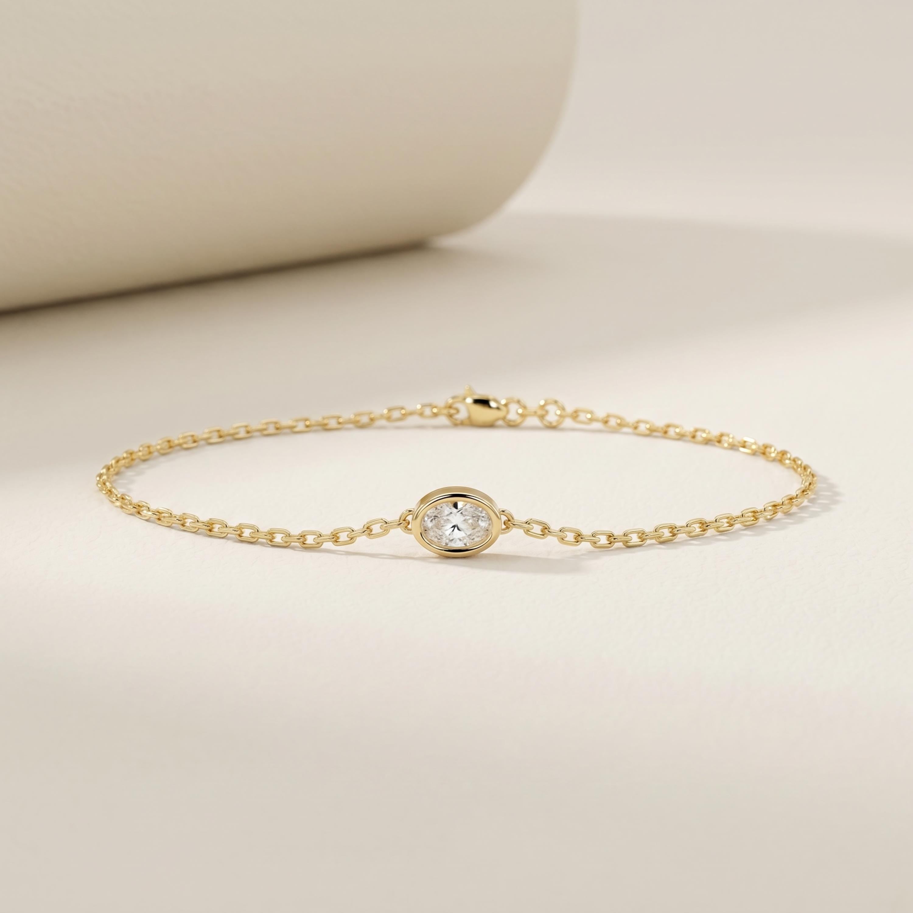 Oval Diamond Bezel Solitaire Chain Link Bracelet 14K Gold
