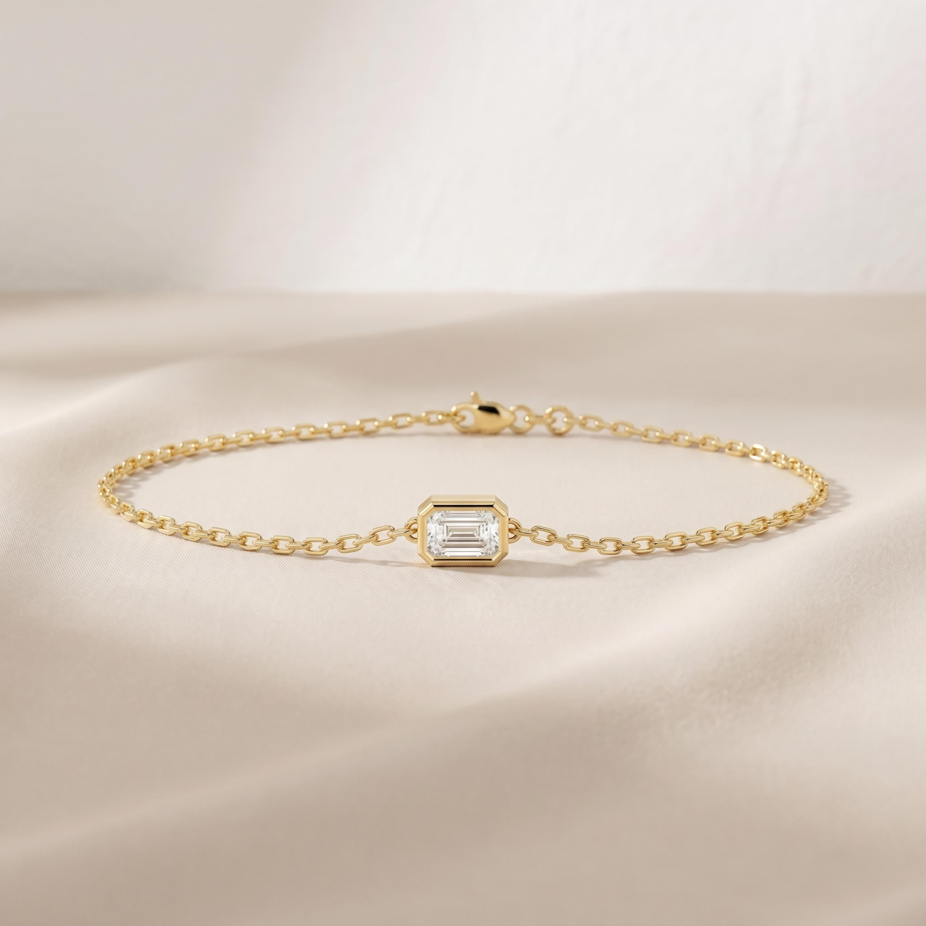 Emerald Cut Diamond Bezel Solitaire Chain Link Bracelet 14K Gold