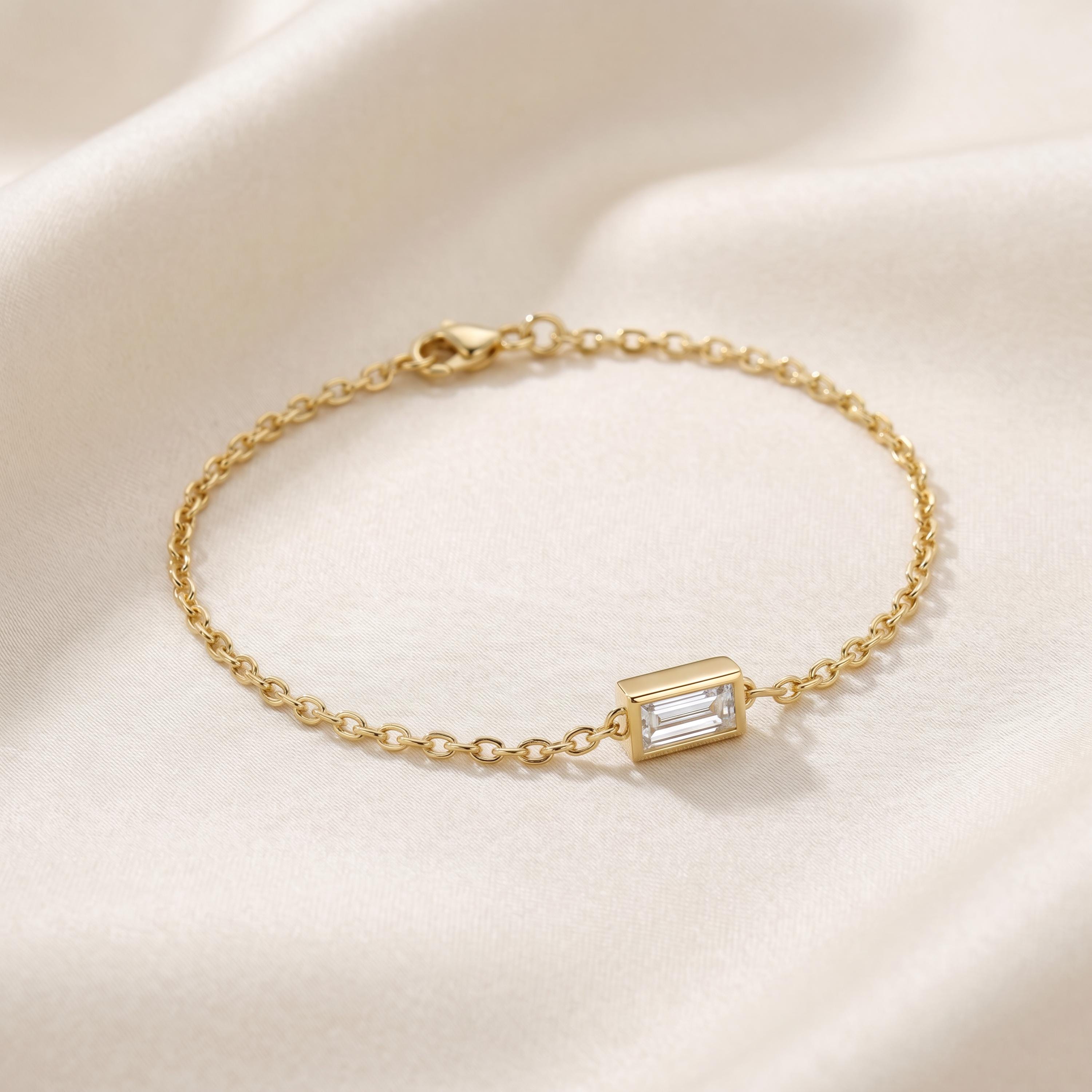 Baguette Cut Diamond Bezel Solitaire Chain Link Bracelet 14K Gold