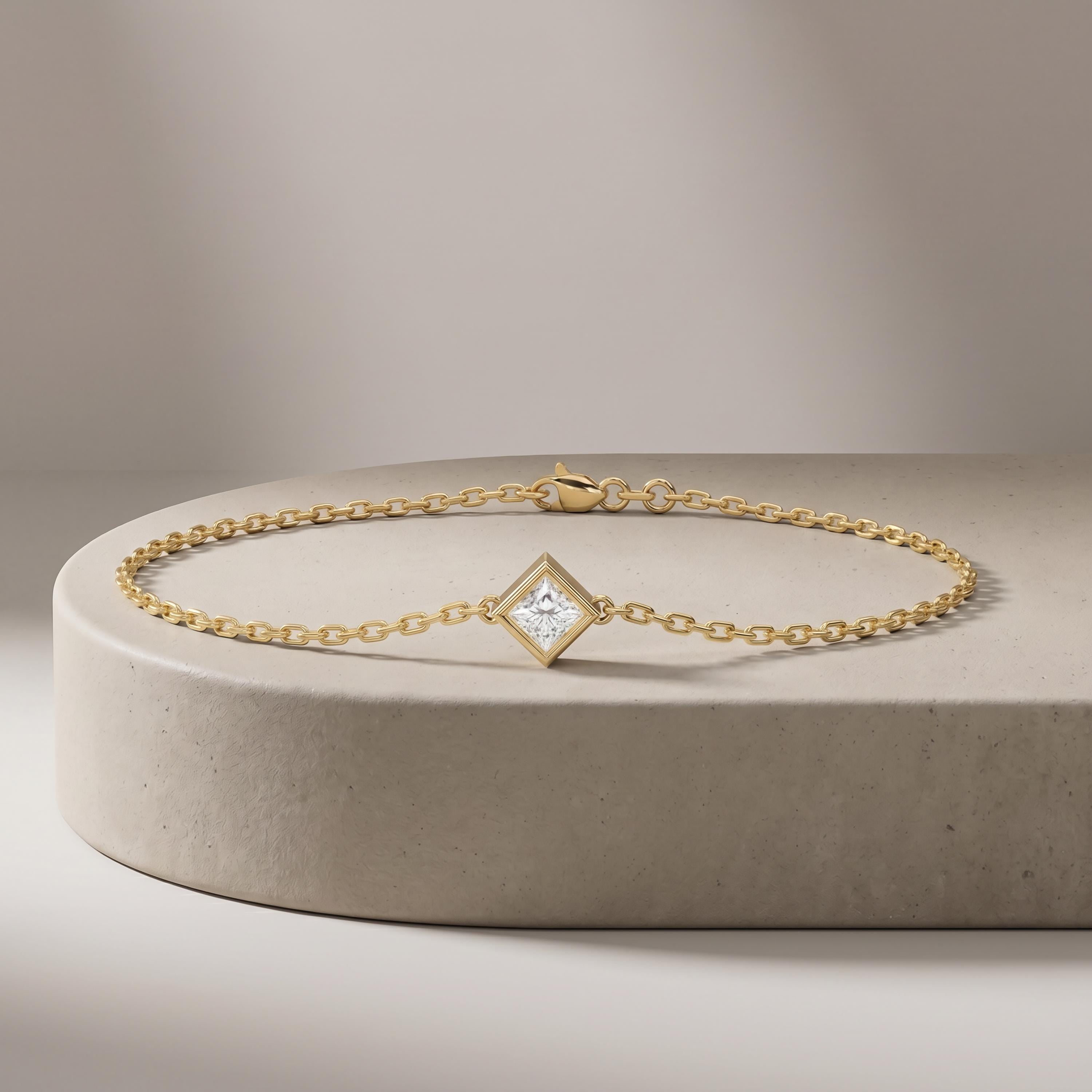 Princess Cut Diamond Bezel Solitaire Chain Link Bracelet 14K Gold