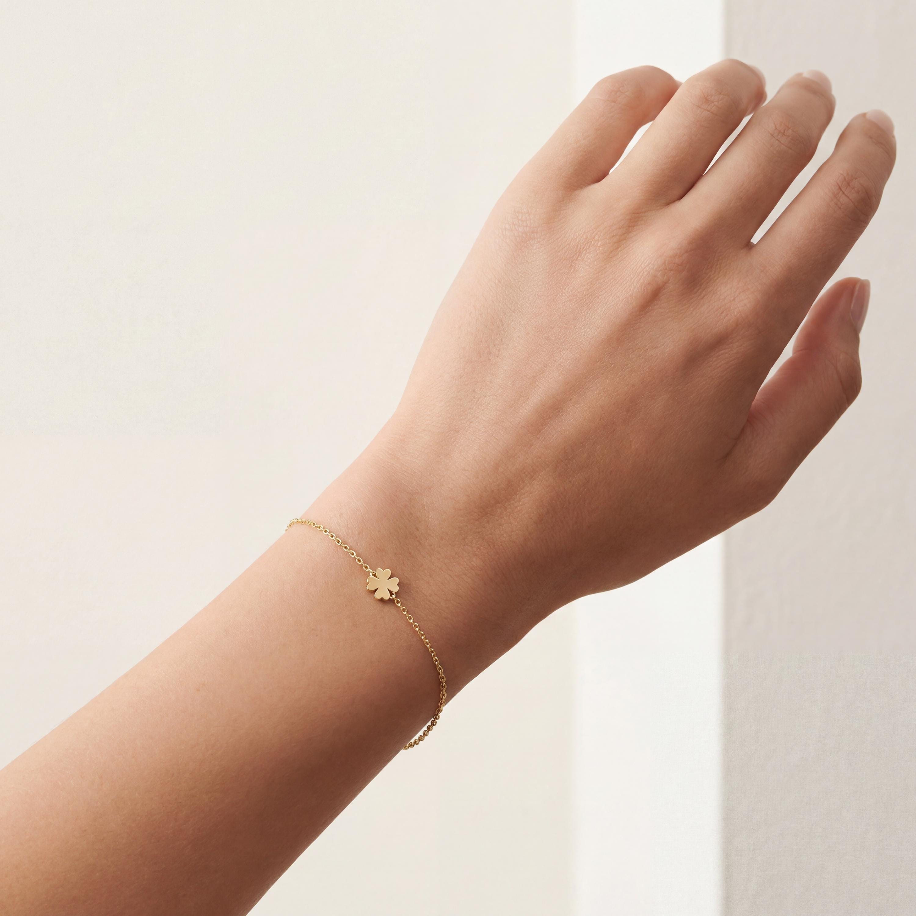 Solid Gold 14K Dainty Flower Clover Leaf Chain Link Bracelet