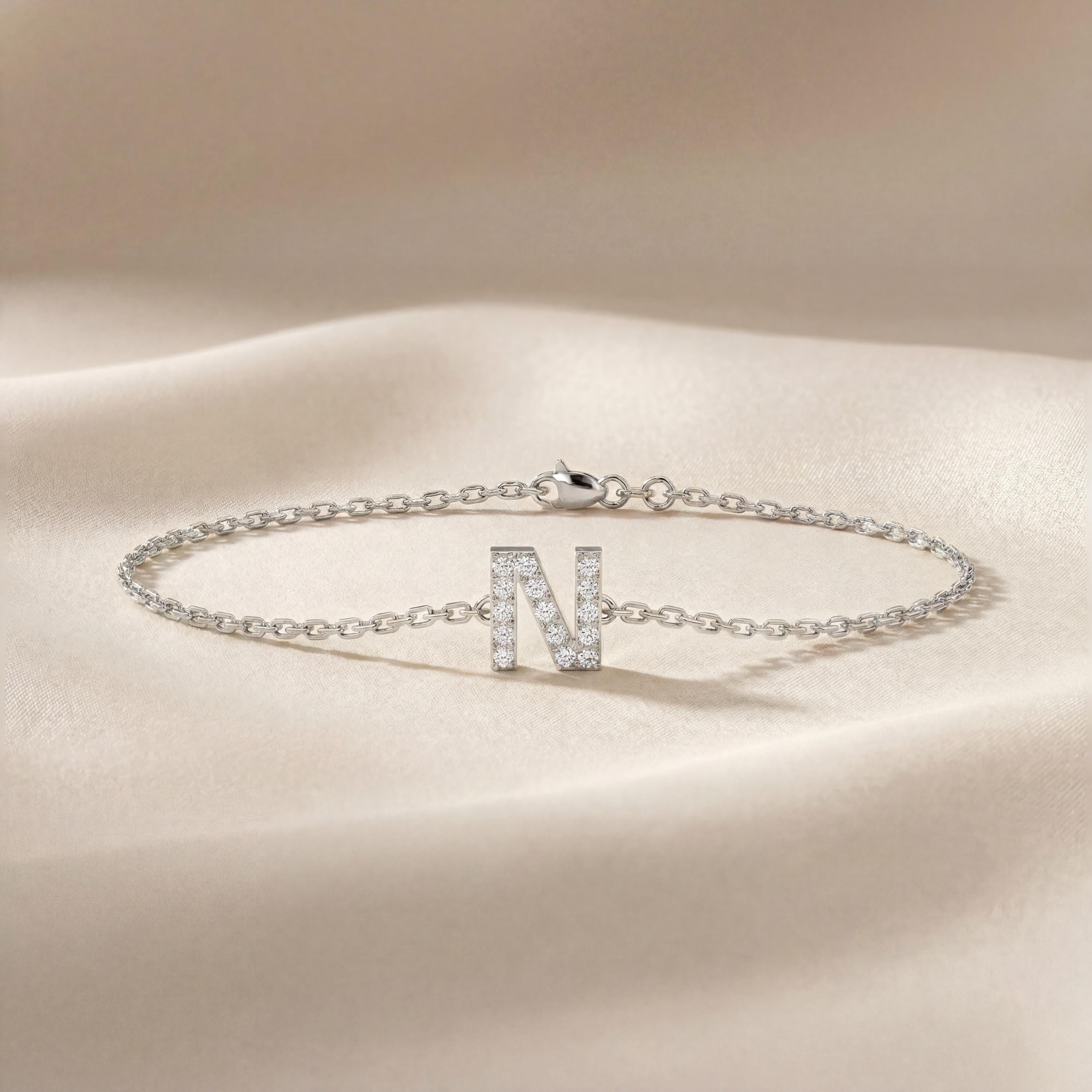Round Diamond Pave 14K Dainty Solid Gold Initial Chain Link Bracelet