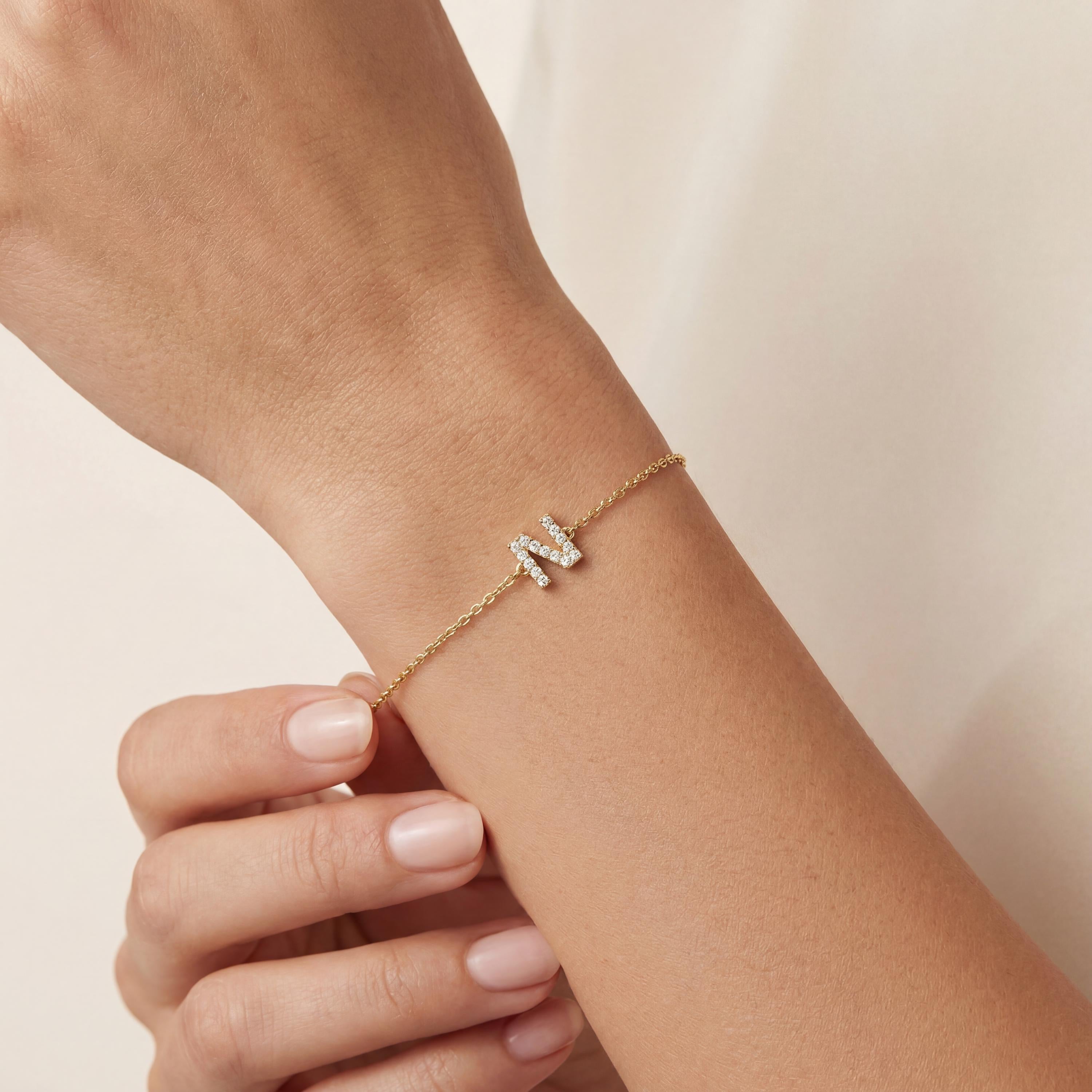 Round Diamond Pave 14K Dainty Solid Gold Initial Chain Link Bracelet