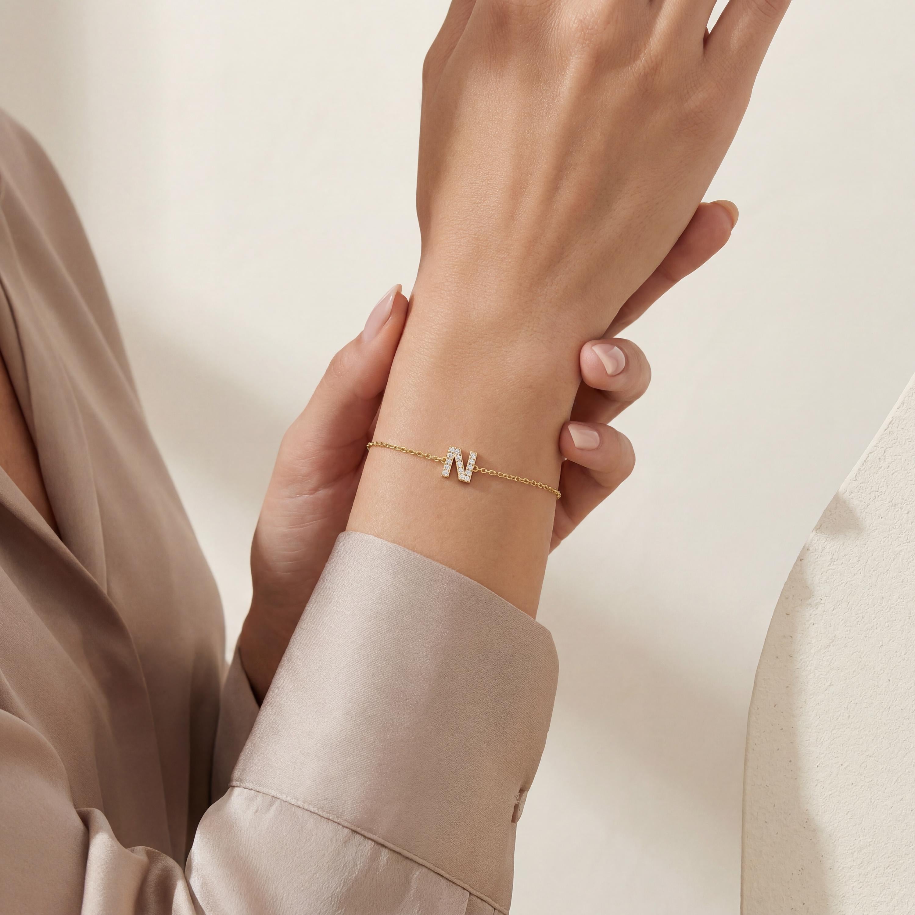 Round Diamond Pave 14K Dainty Solid Gold Initial Chain Link Bracelet