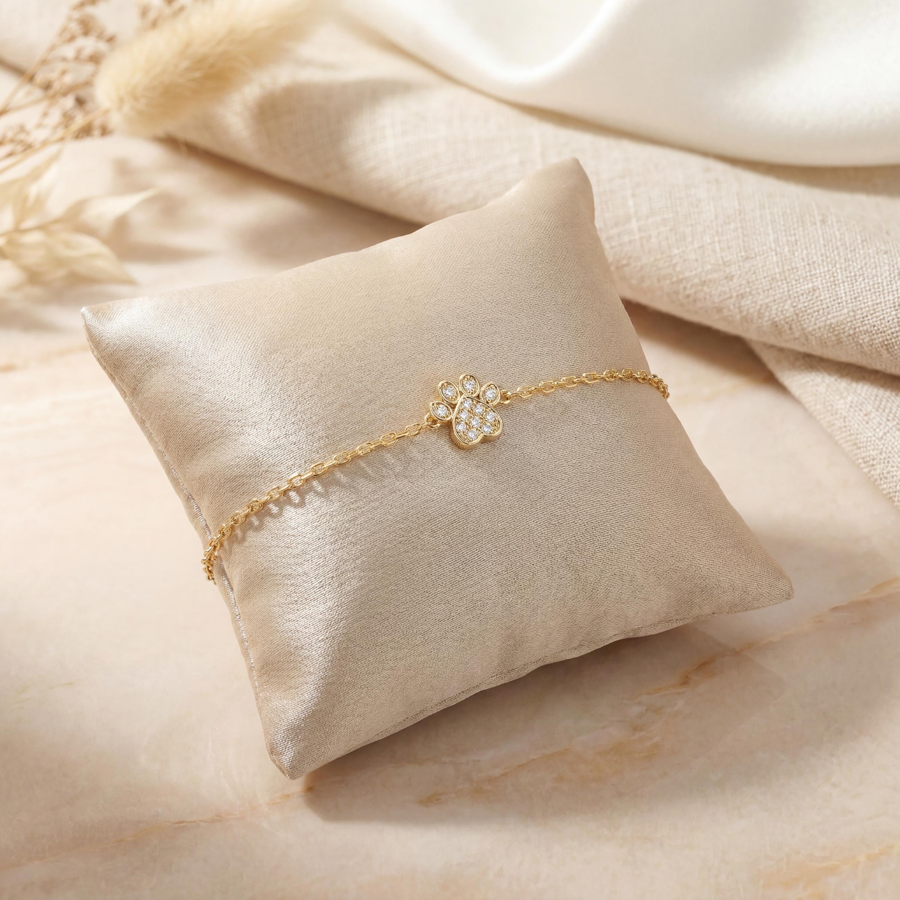 Diamond Pave Dainty 14Kt Solid Gold Dog Paw Chain Link Bracelet