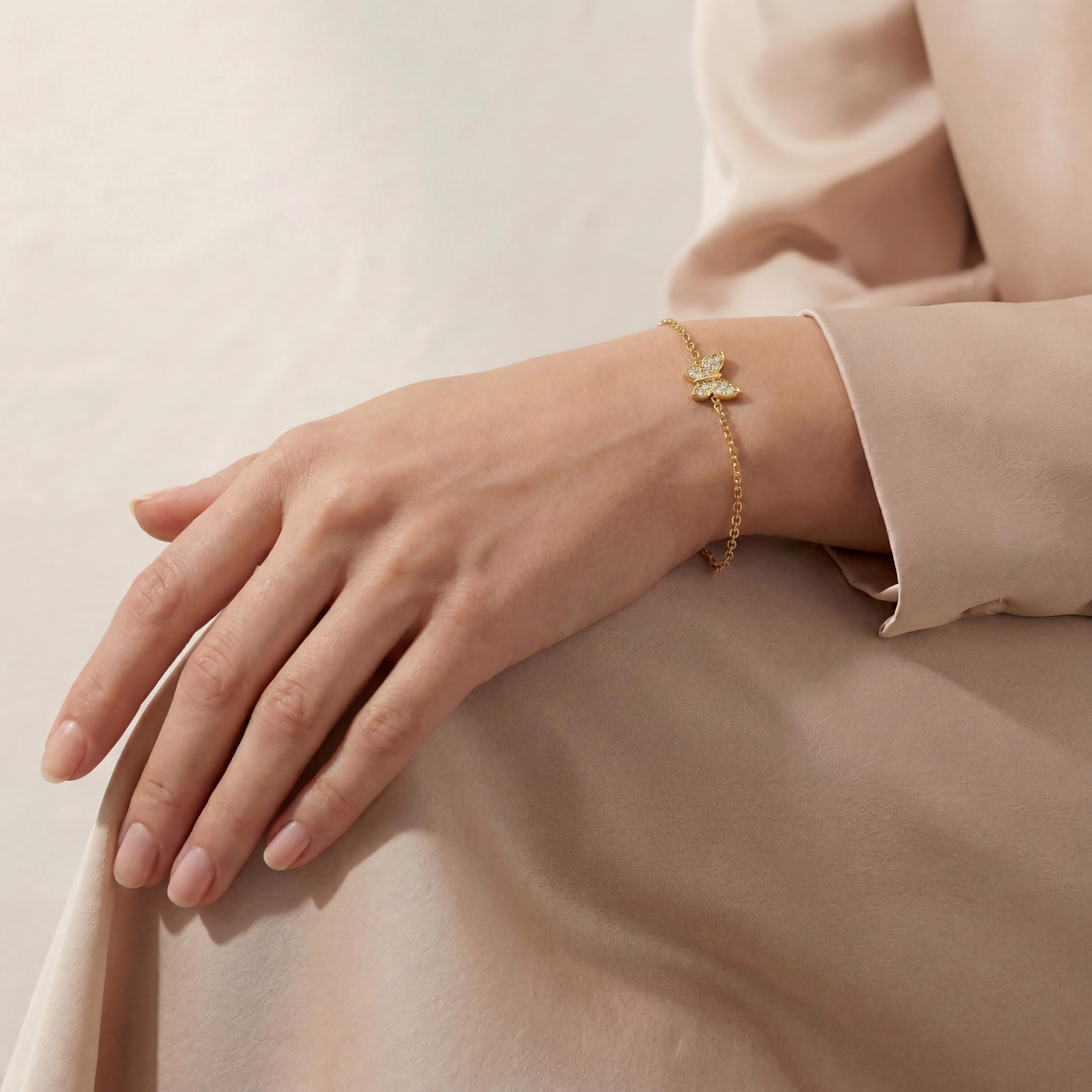 Diamond Pave Dainty 14K Solid Gold Butterfly Chain Link Bracelet