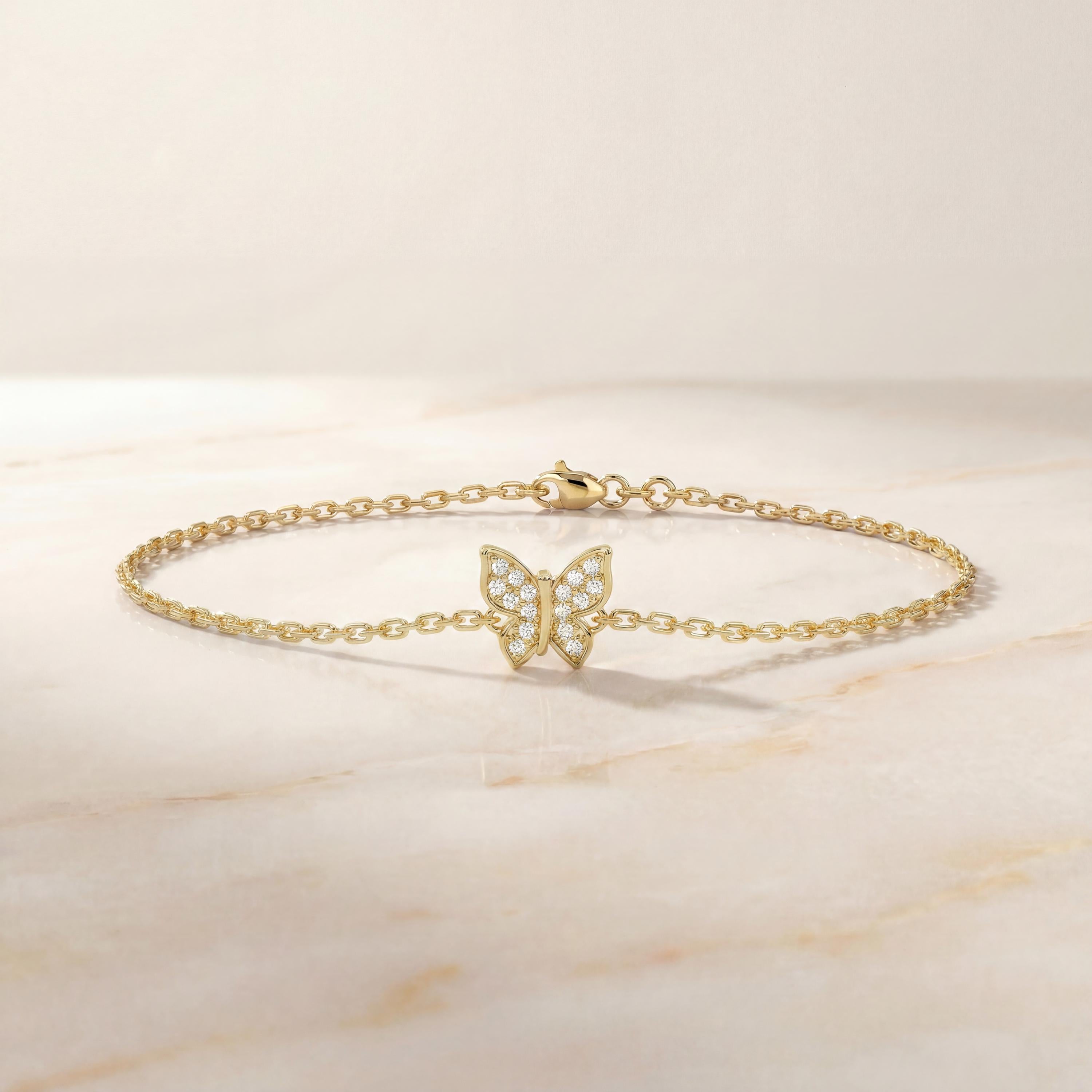 Diamond Pave Dainty 14K Solid Gold Butterfly Chain Link Bracelet