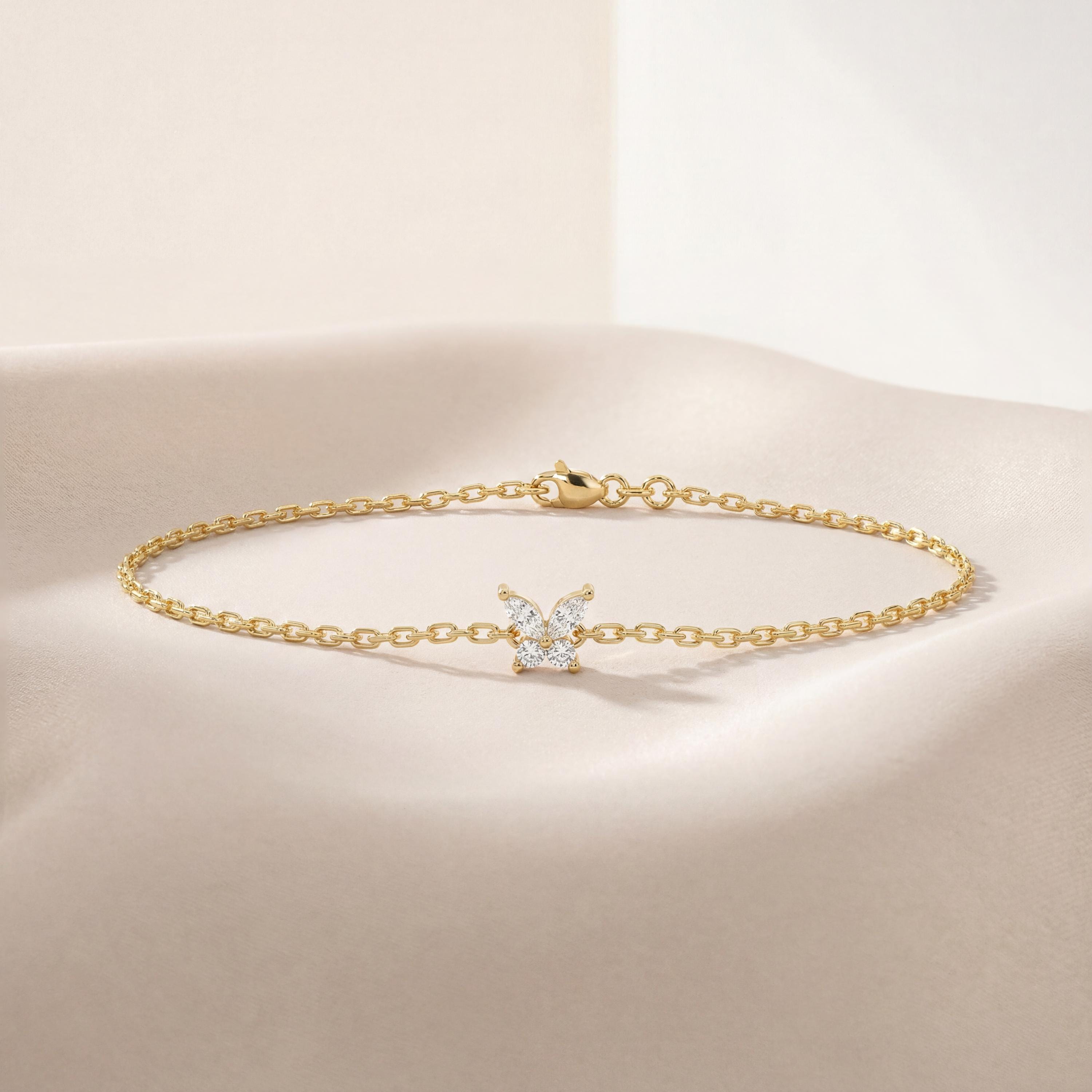Marquise Diamond Prong Dainty 14K Solid Gold Butterfly Chain Link Bracelet