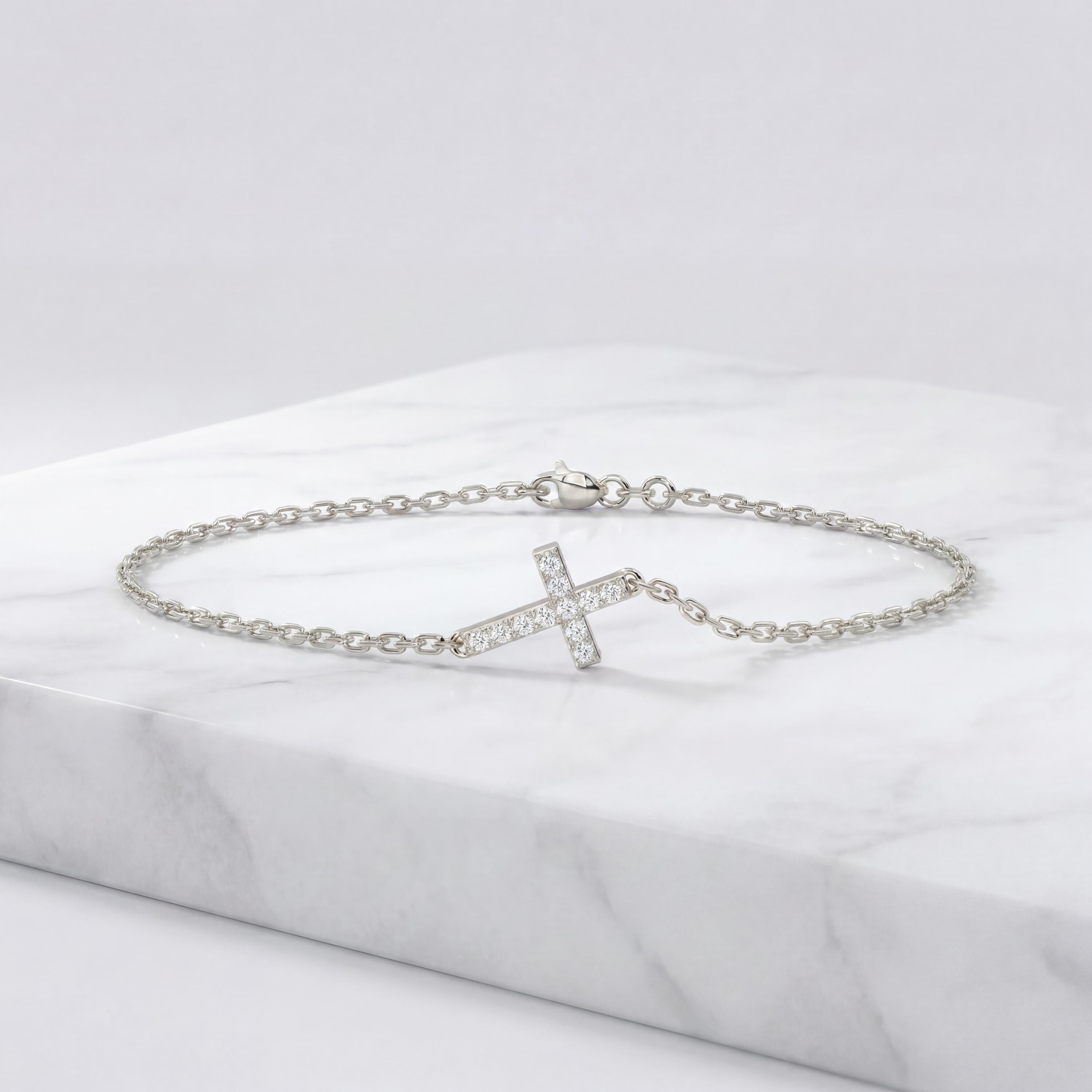 Diamond Prong Dainty 14K Solid Gold Cross Chain Link Bracelet