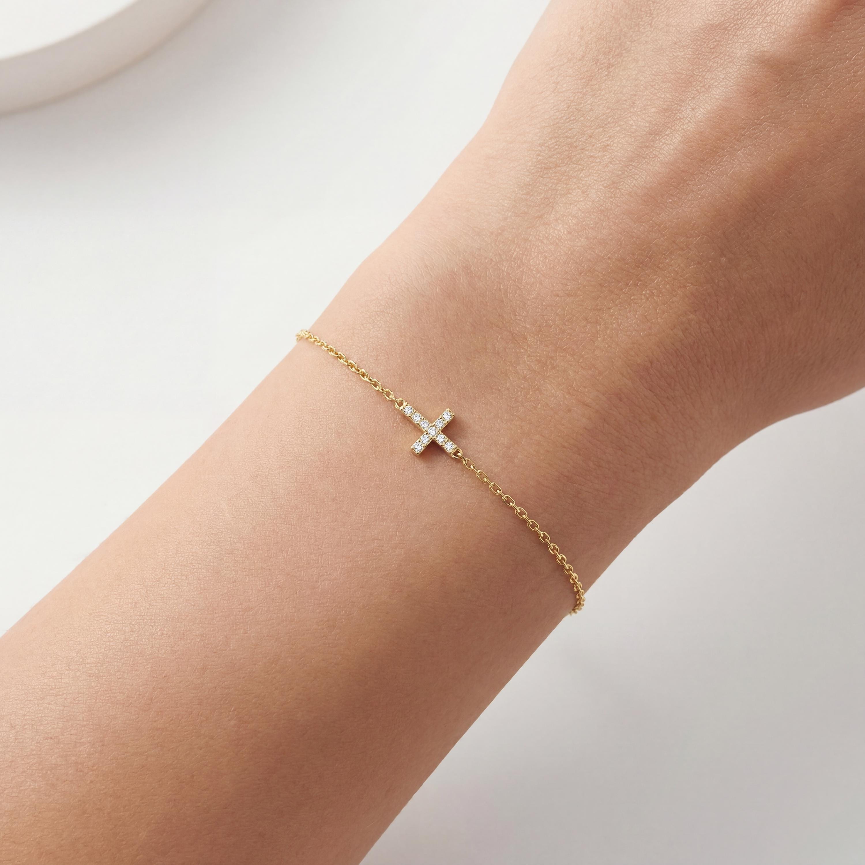 Diamond Prong Dainty 14K Solid Gold Cross Chain Link Bracelet
