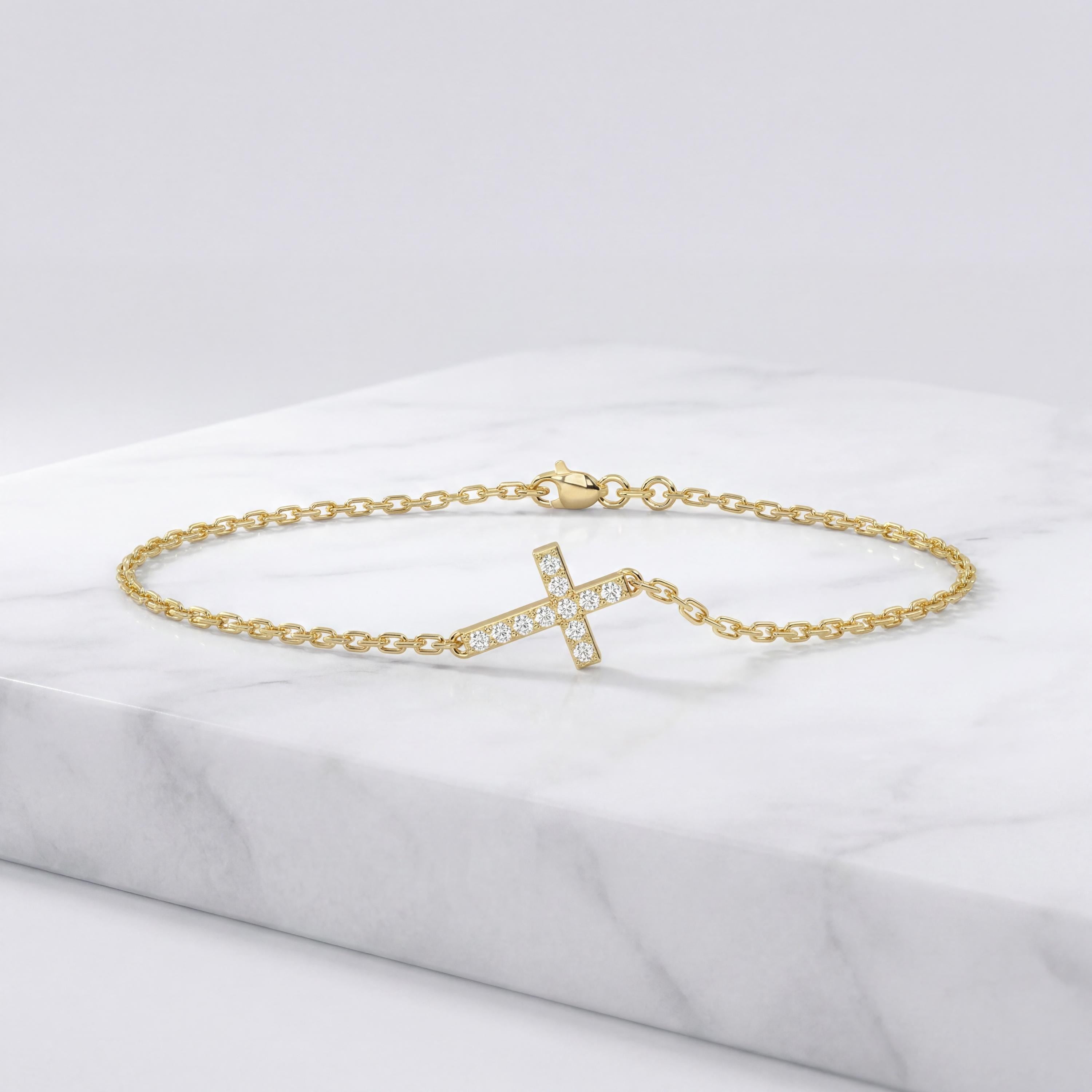 Diamond Prong Dainty 14K Solid Gold Cross Chain Link Bracelet