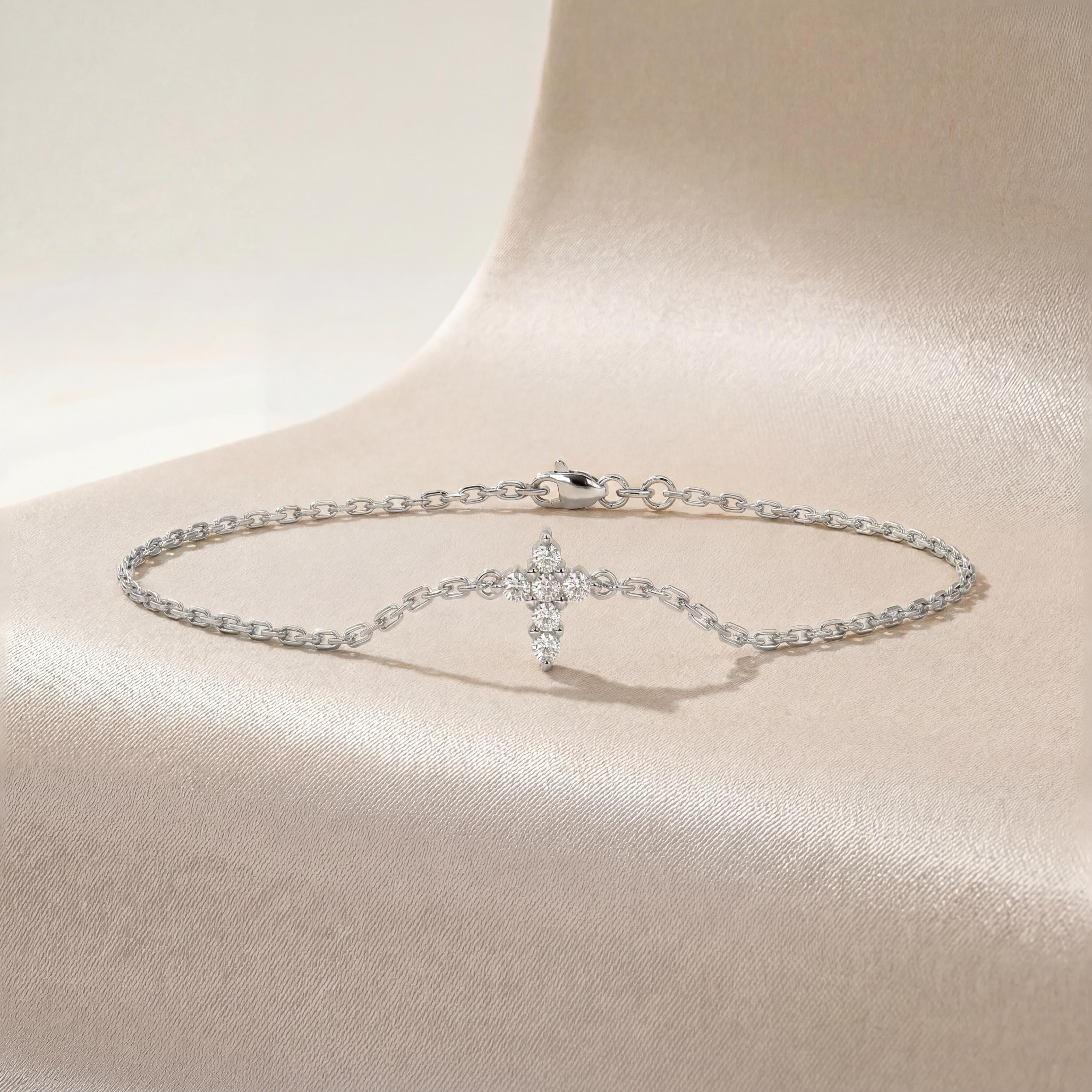 Diamond Prong Dainty 14K Solid Gold Cross Chain Link Bracelet