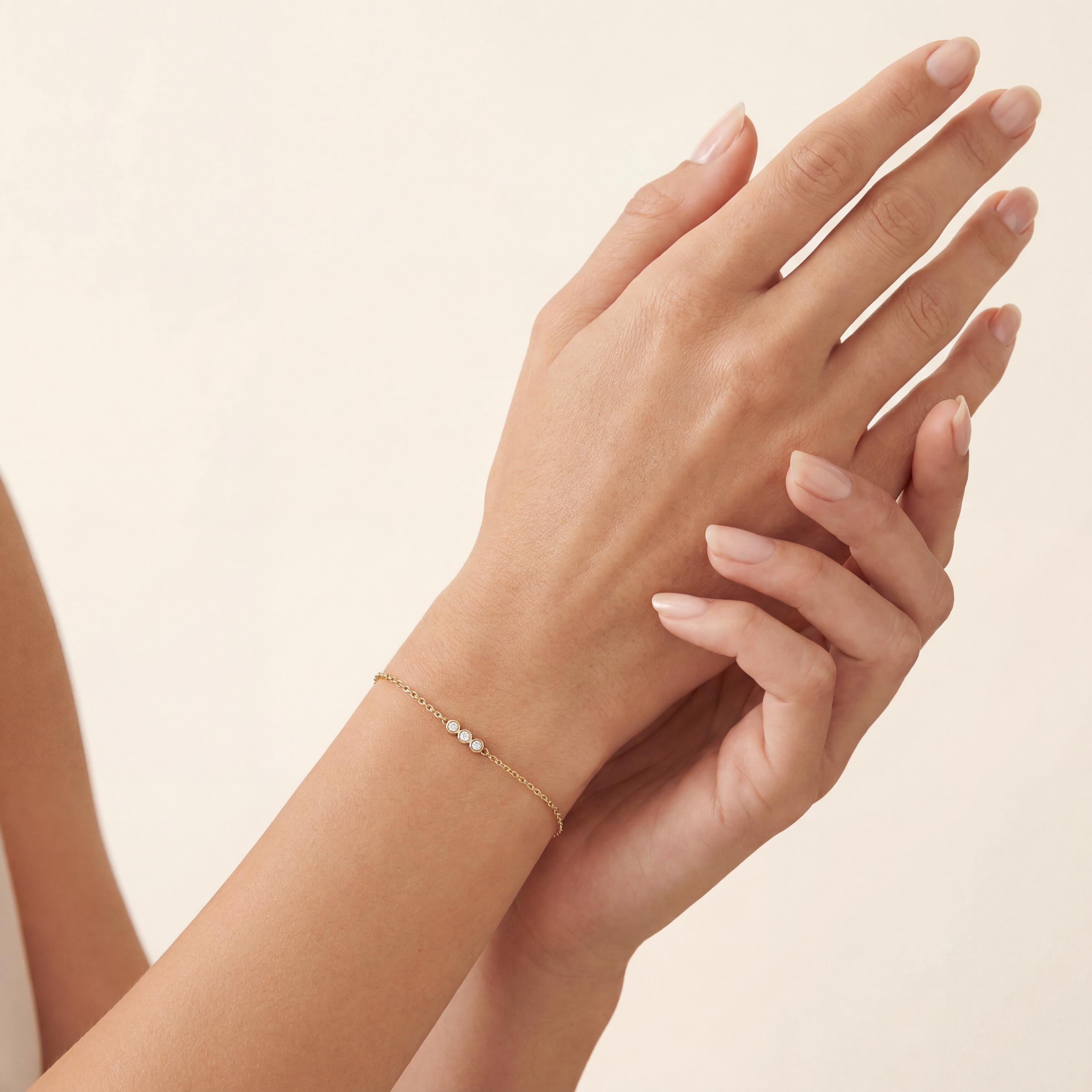 Diamond Round 3 Stone Bezel Set 14K Solid Gold Chain Link Bracelet