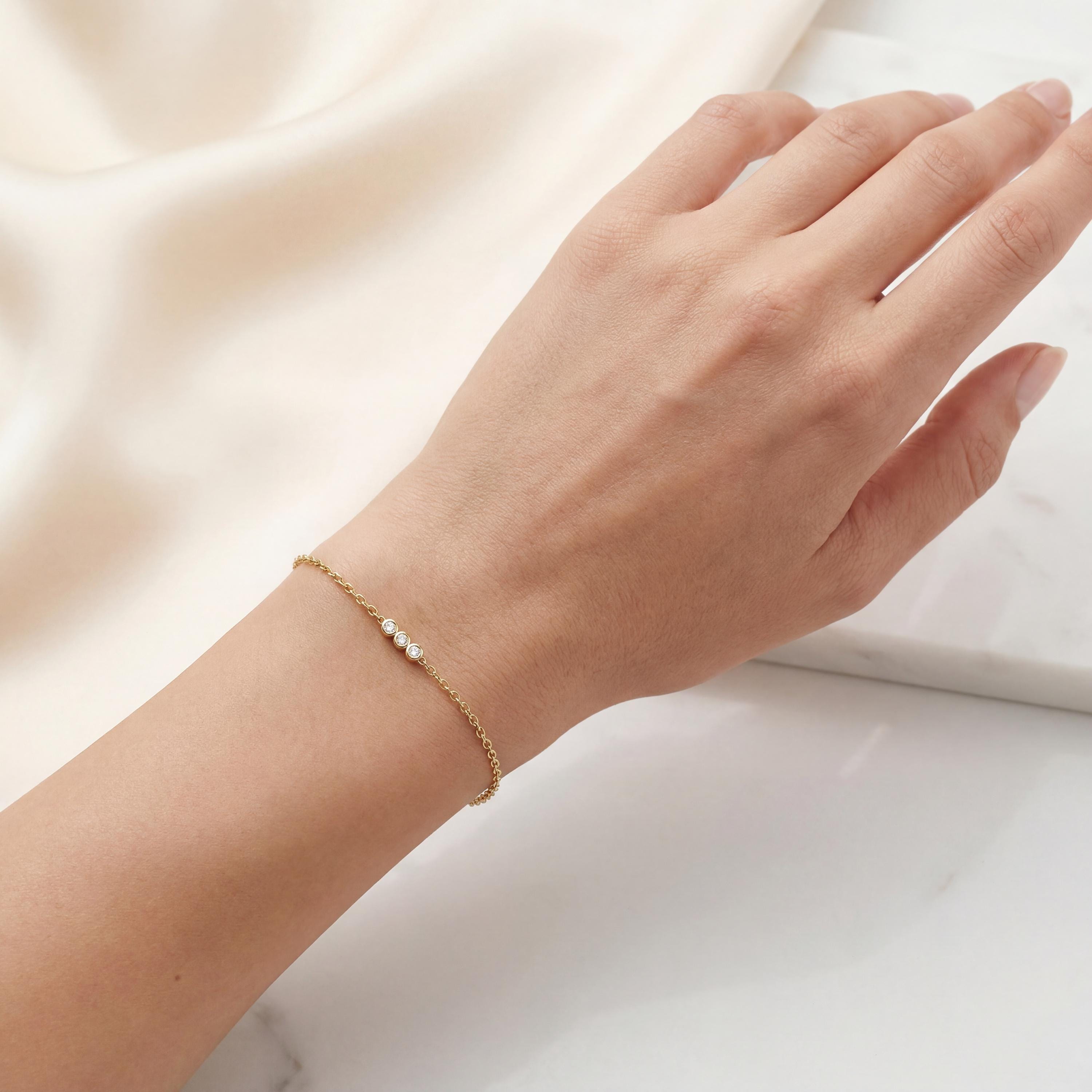 Diamond Round 3 Stone Bezel Set 14K Solid Gold Chain Link Bracelet