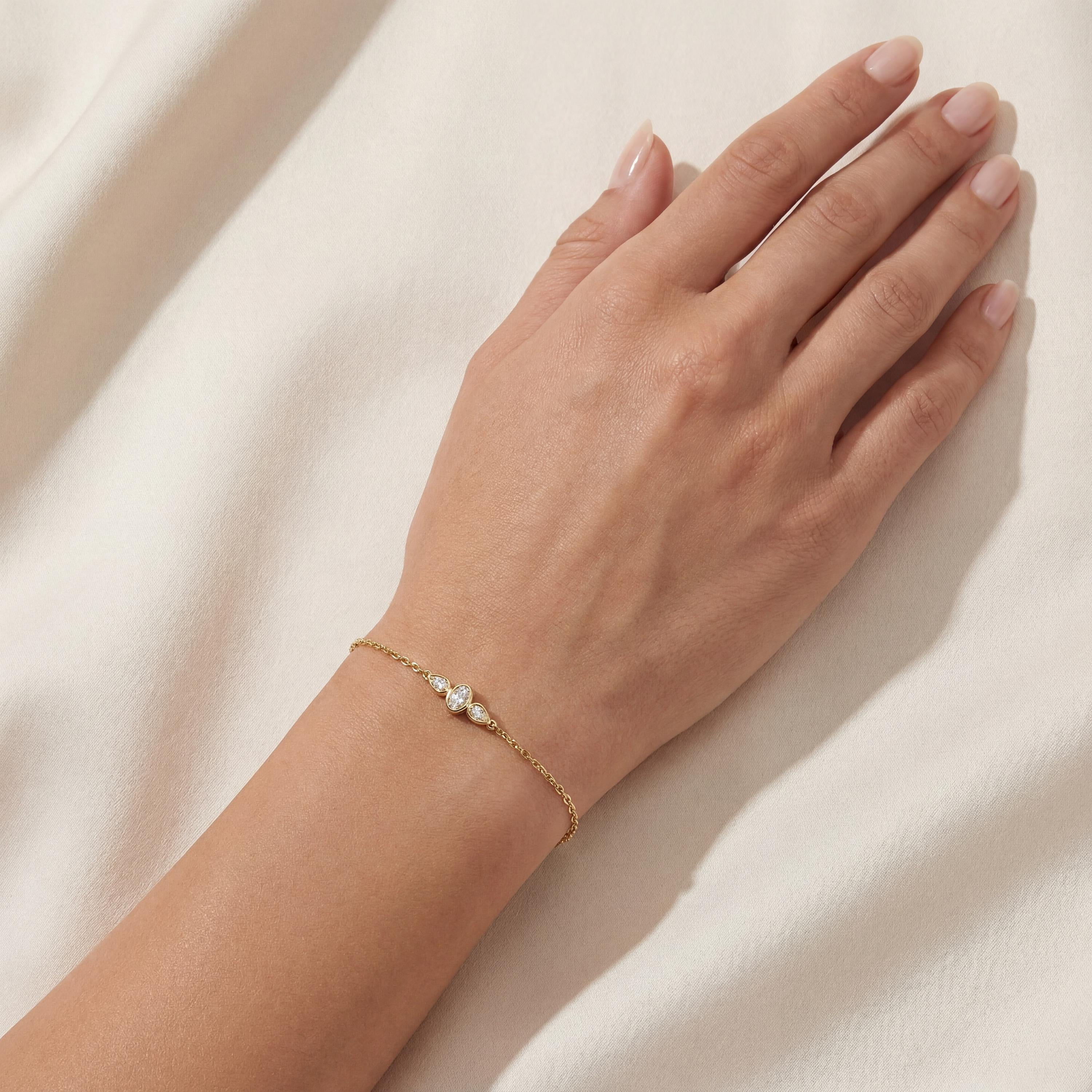 Oval & Pear Diamond 3 Stone Bezel Set 14K Solid Gold Chain Link Bracelet