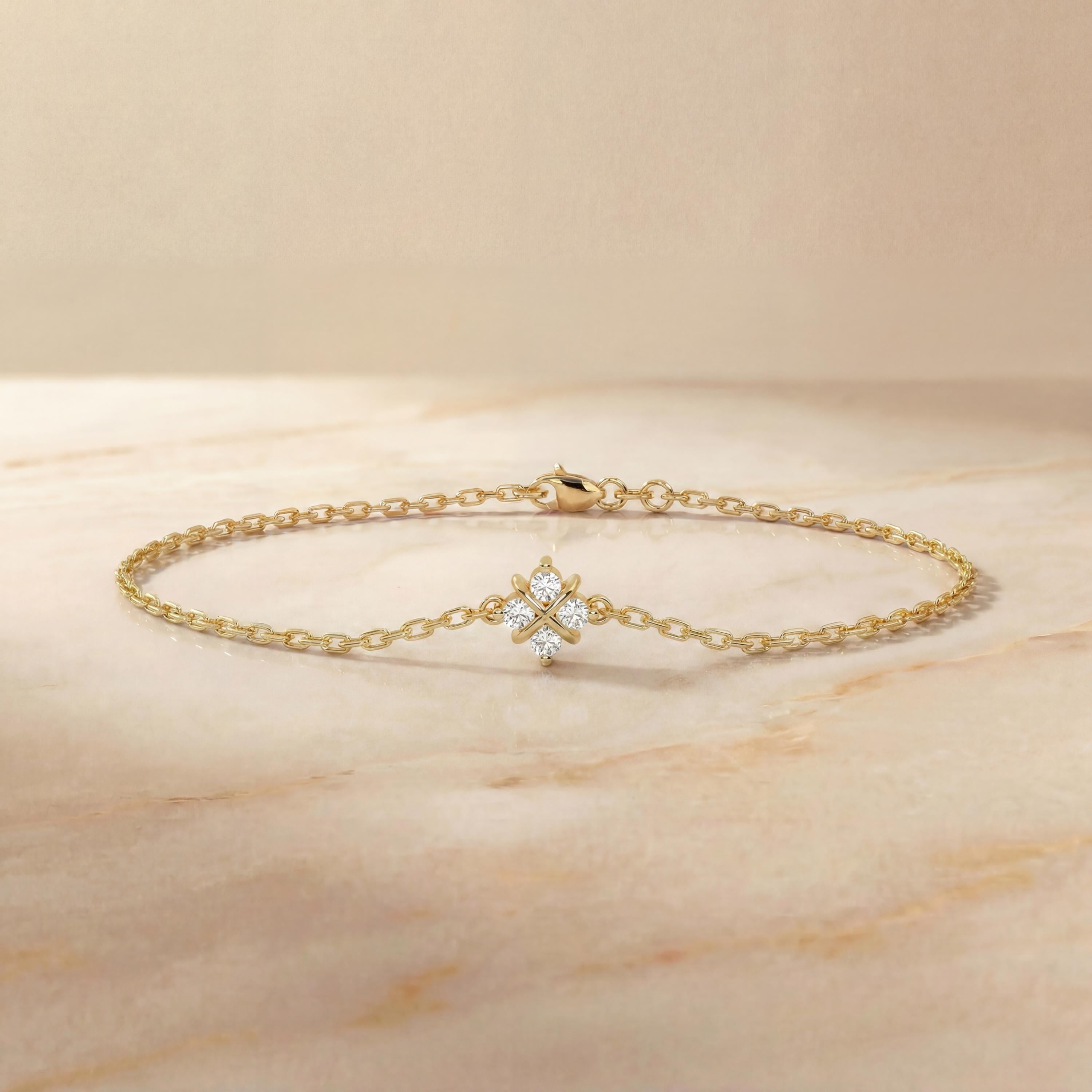 Diamond Round 4 Stone Prong Set 14K Solid Gold Chain Link Bracelet