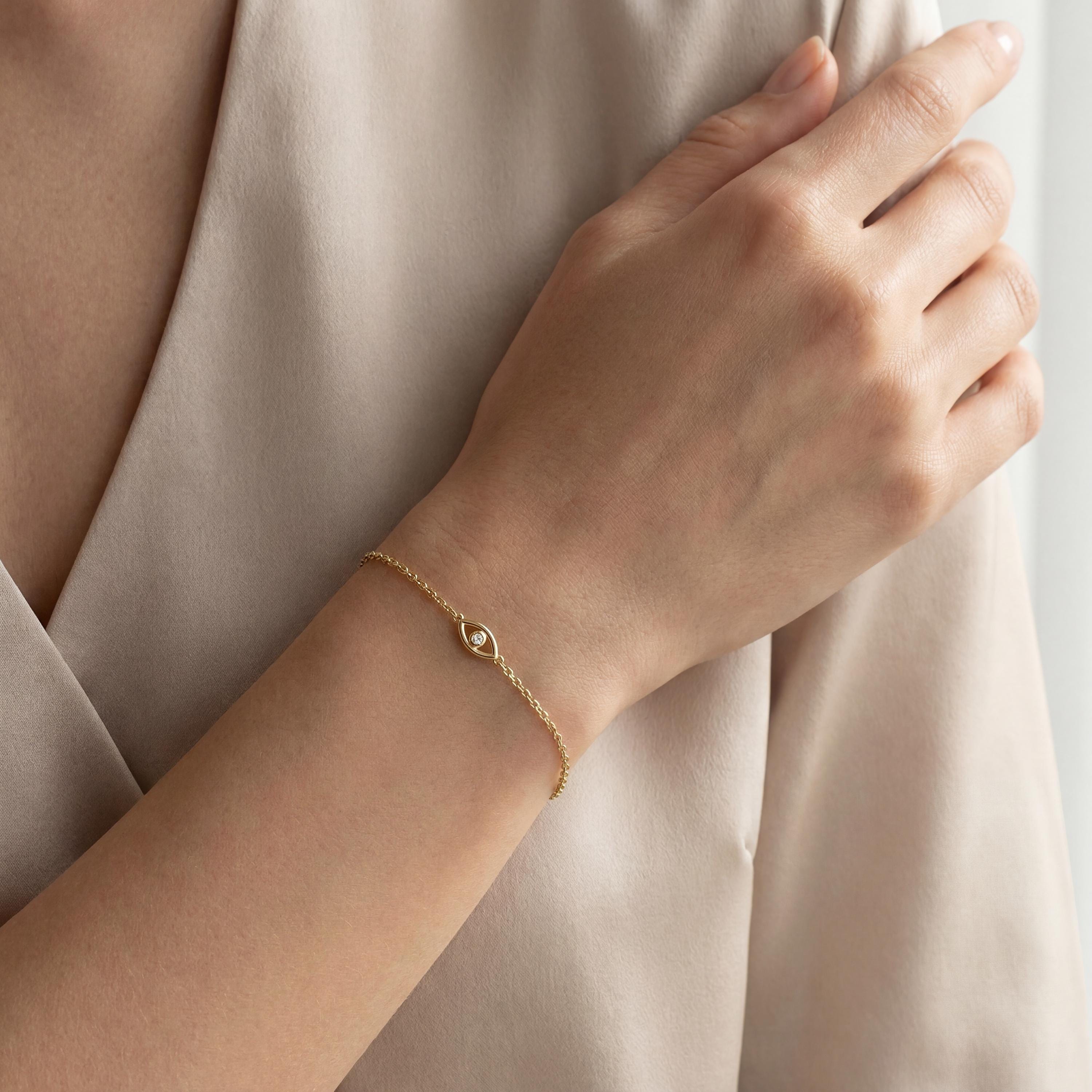 Diamond Eye Bezel Set 14K Solid Gold Chain Link Bracelet