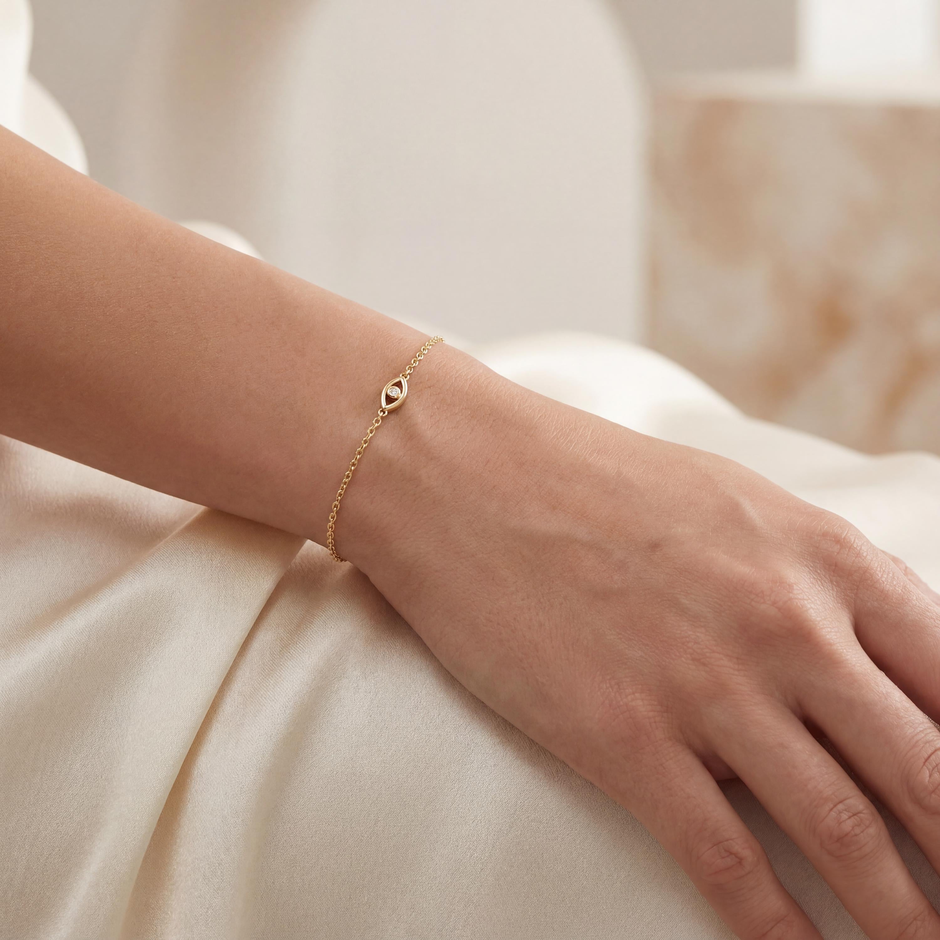 Diamond Eye Bezel Set 14K Solid Gold Chain Link Bracelet