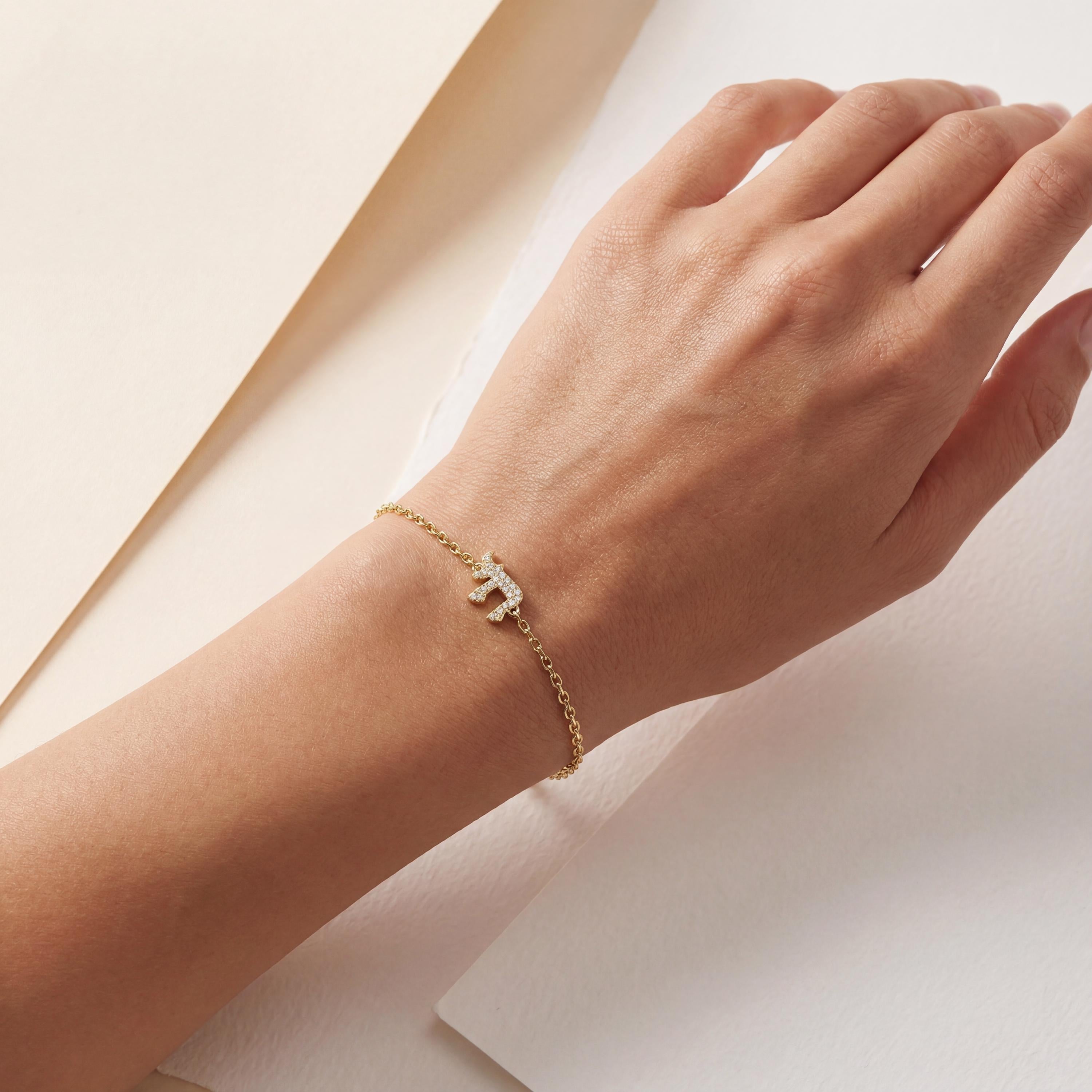 Diamond Hebrew Chai Pave Set 14K Solid Gold Chain Link Bracelet