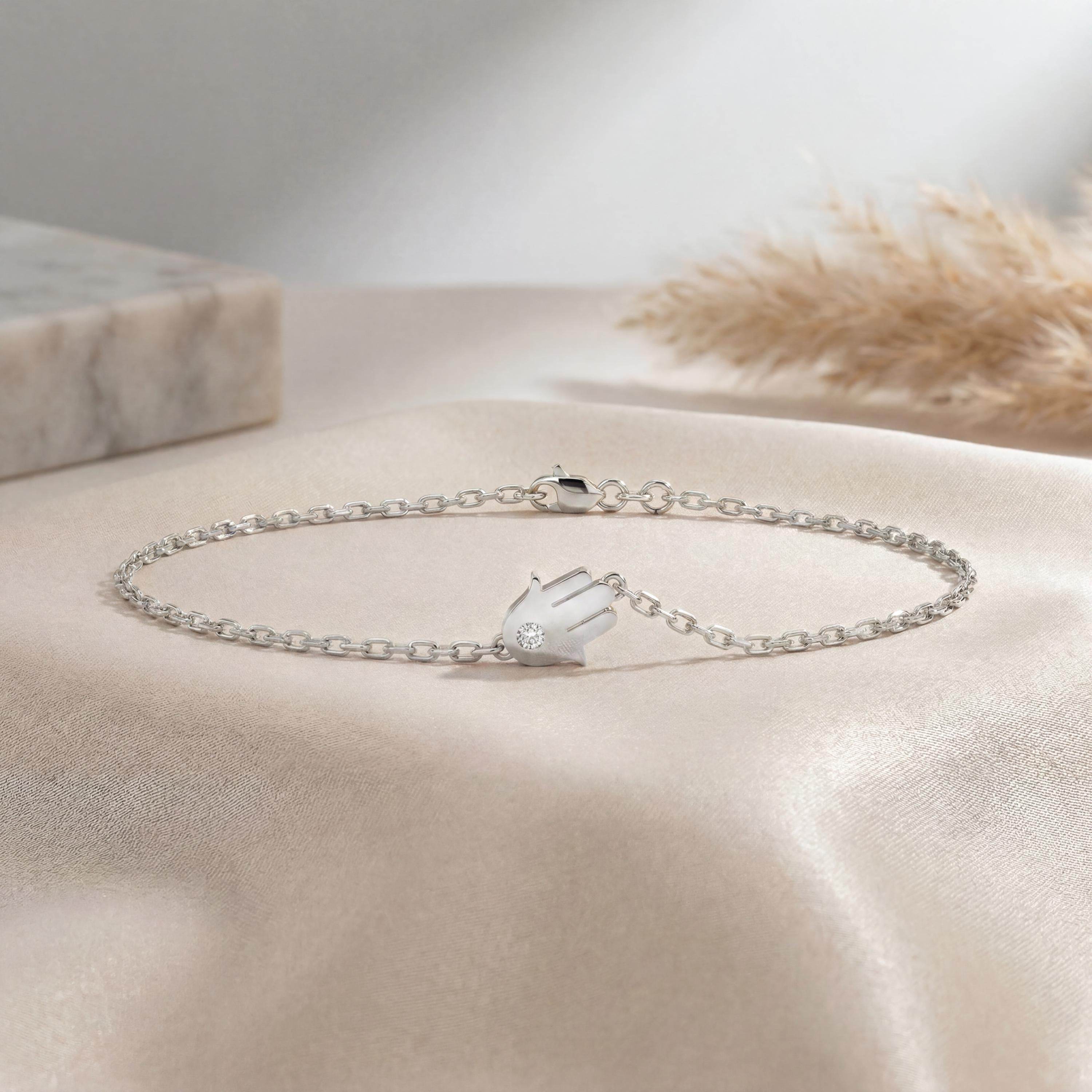 Diamond Hamsa Hand Solid 14K Gold Dainty Chain Link Bracelet