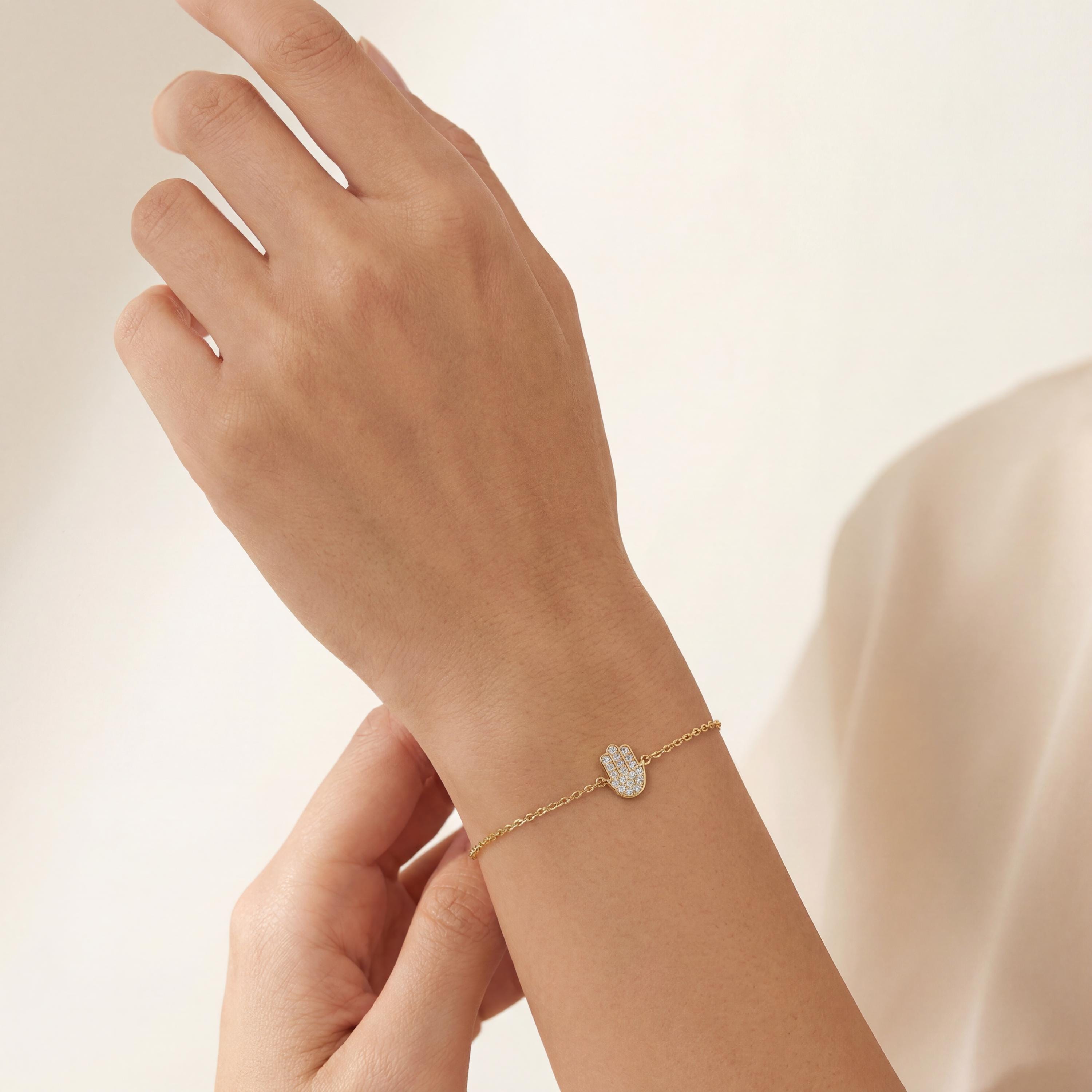 Diamond Hamsa Hand 14K Solid Gold Dainty Chain Link Bracelet