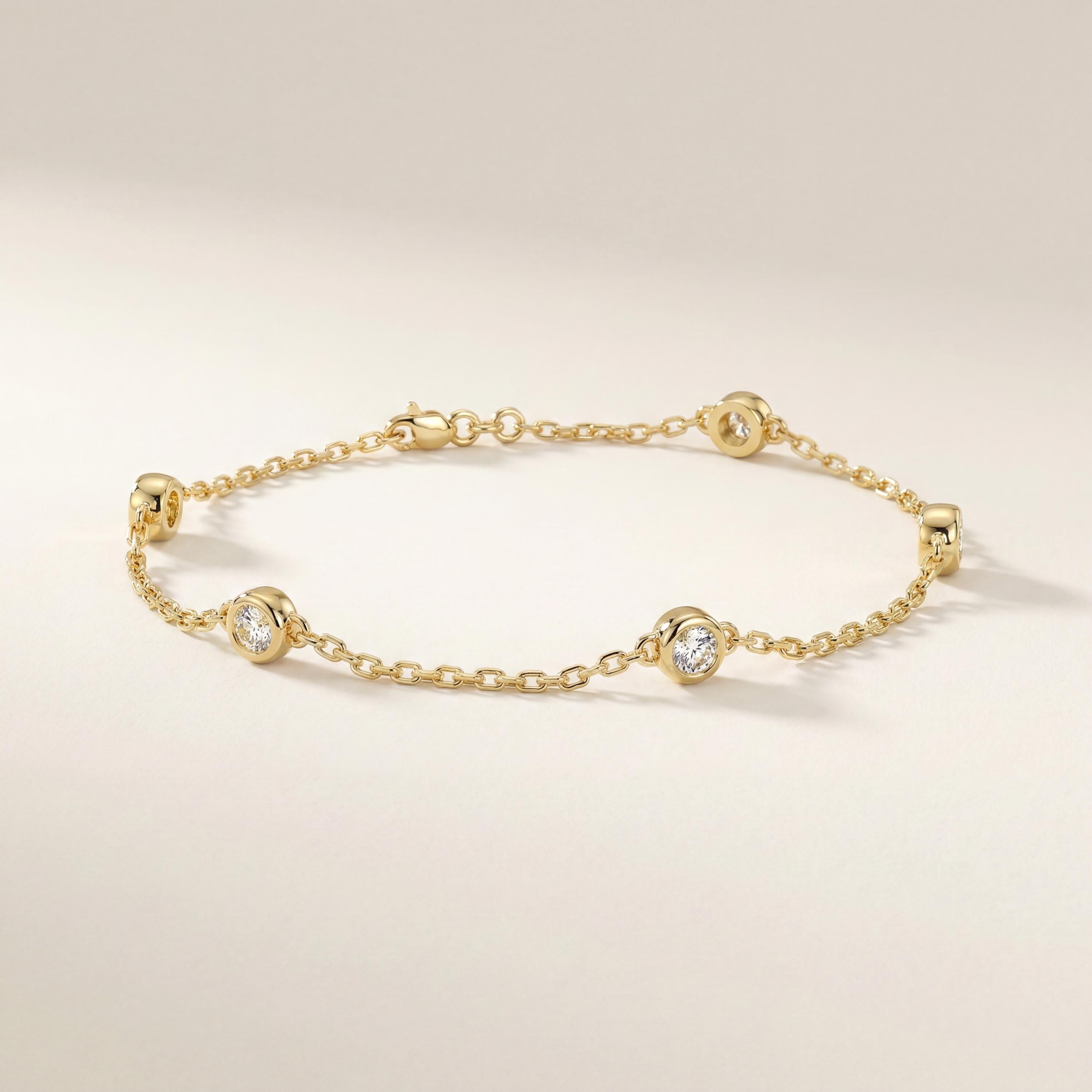 Round Diamond By The Yard Bezel Set 14K Solid Gold Chain Link Bracelet