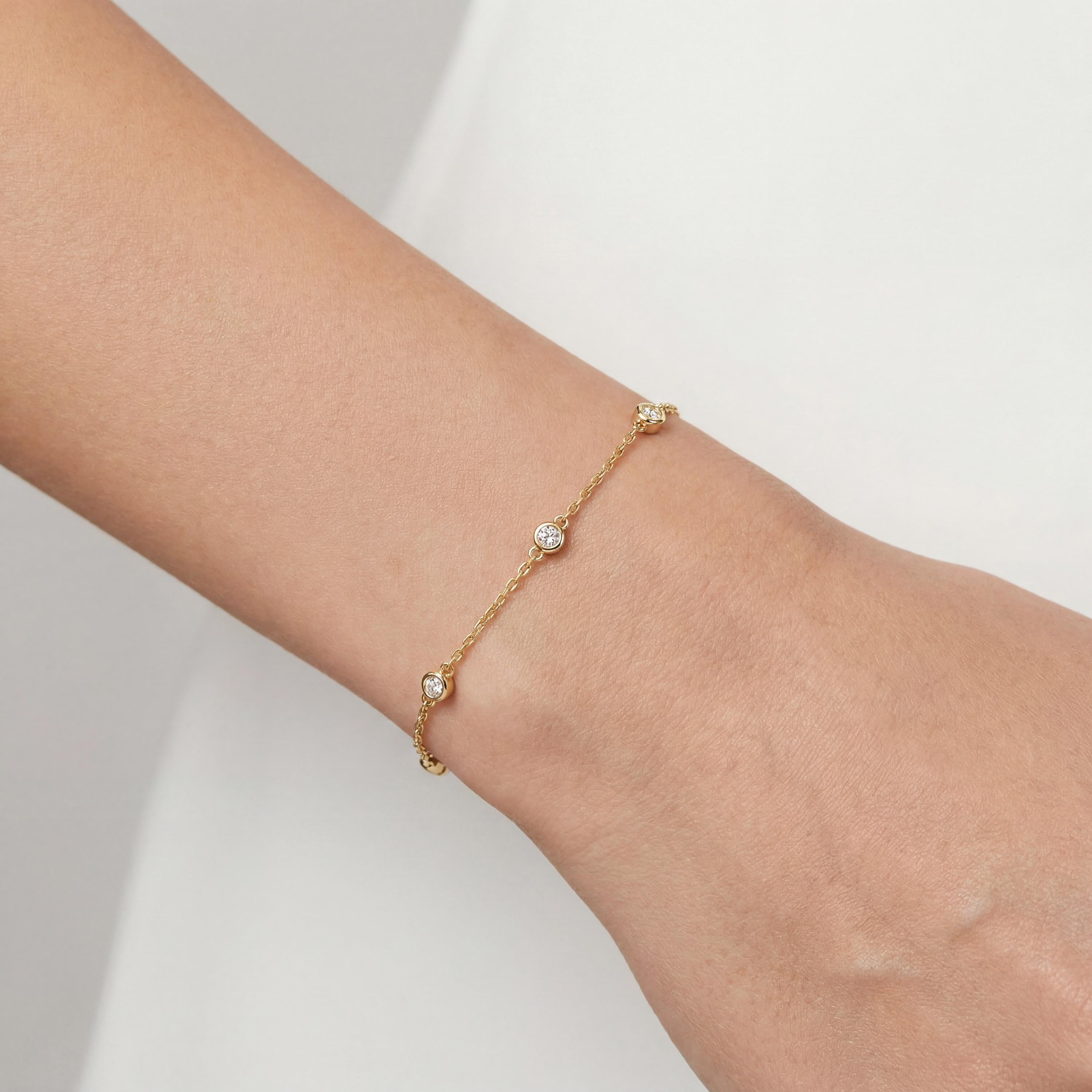 Round Diamond By The Yard Bezel Set 14K Solid Gold Chain Link Bracelet