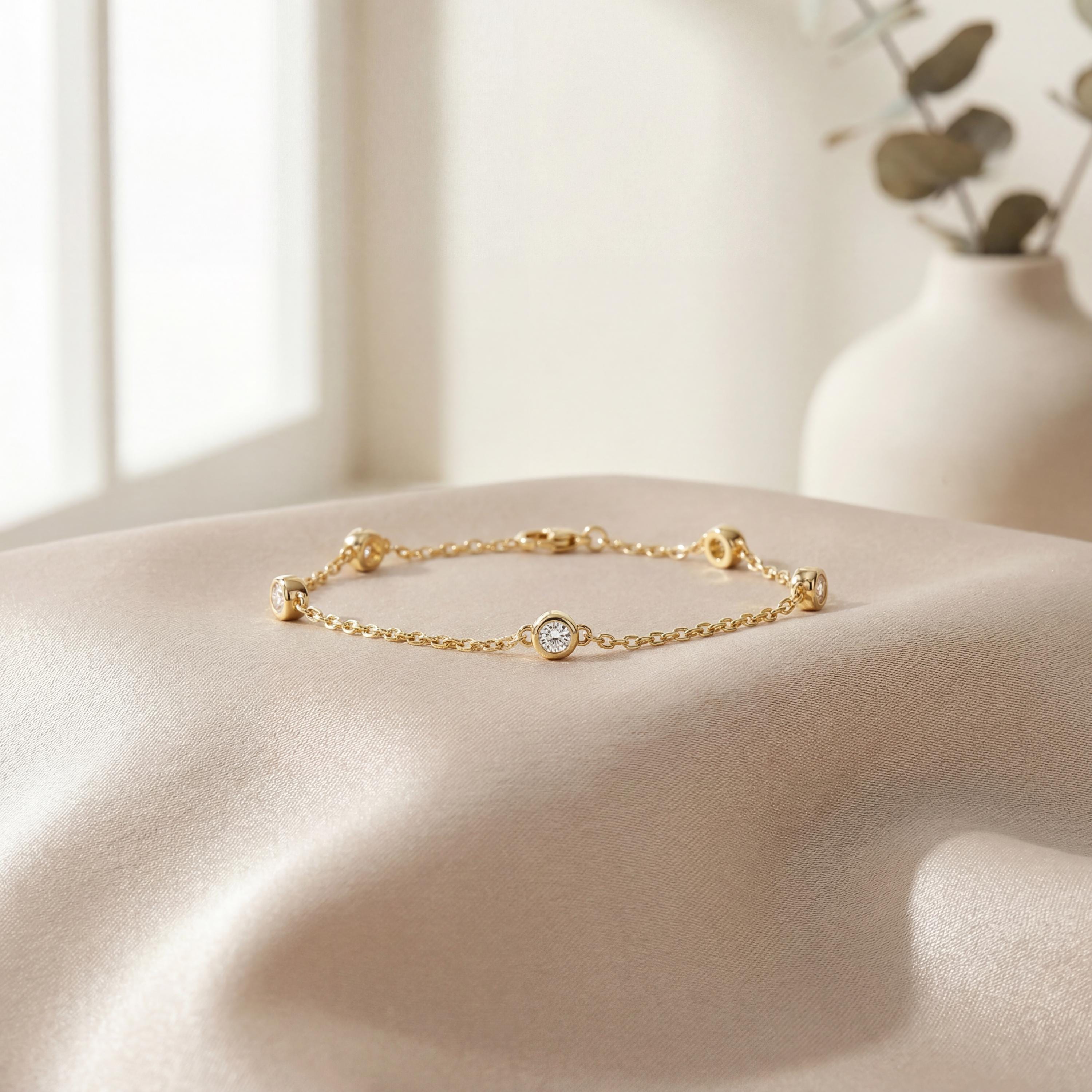 Round Diamond By The Yard Bezel Set 14K Solid Gold Chain Link Bracelet
