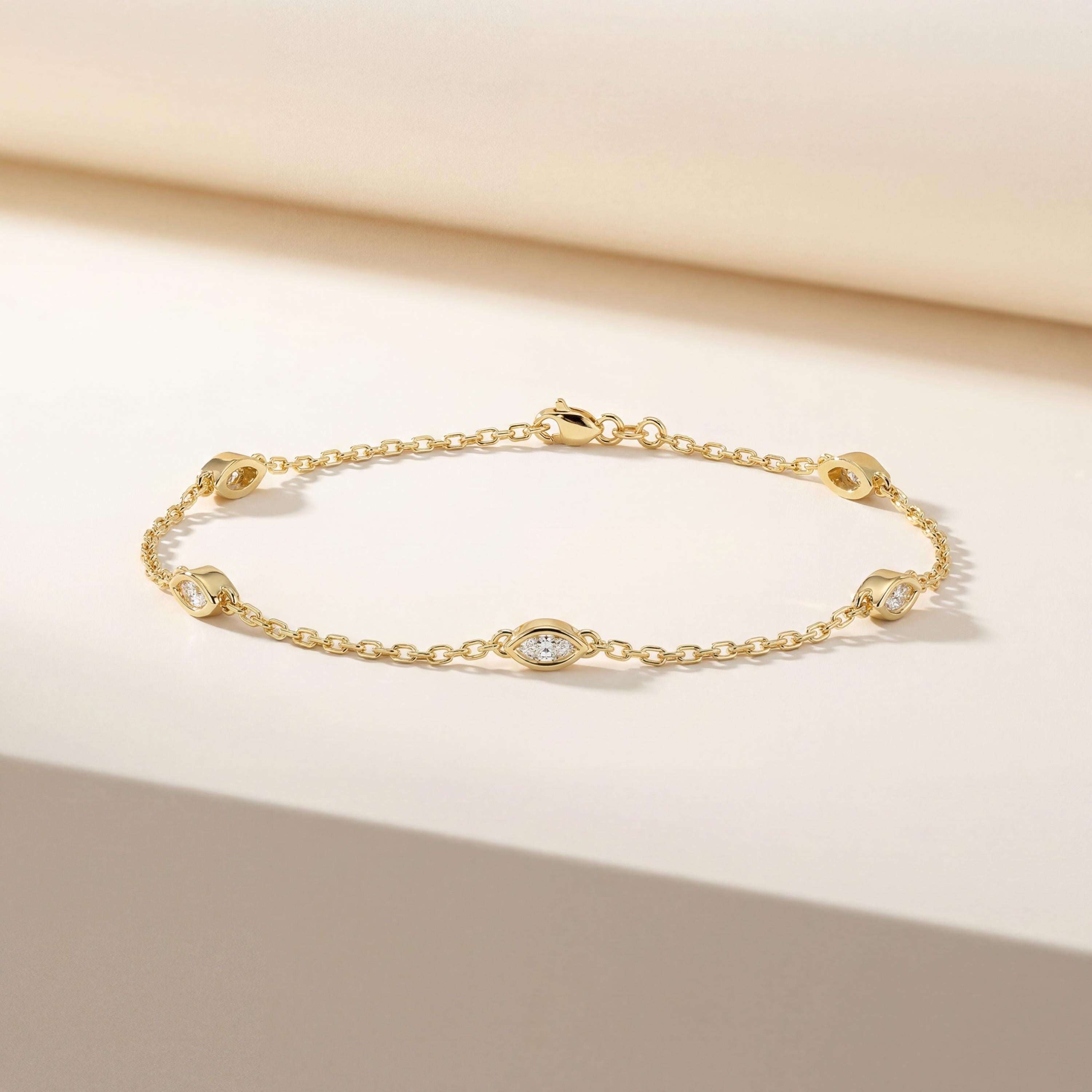 Marquise Diamond By The Yard Bezel Set 14K Solid Gold Chain Link Bracelet