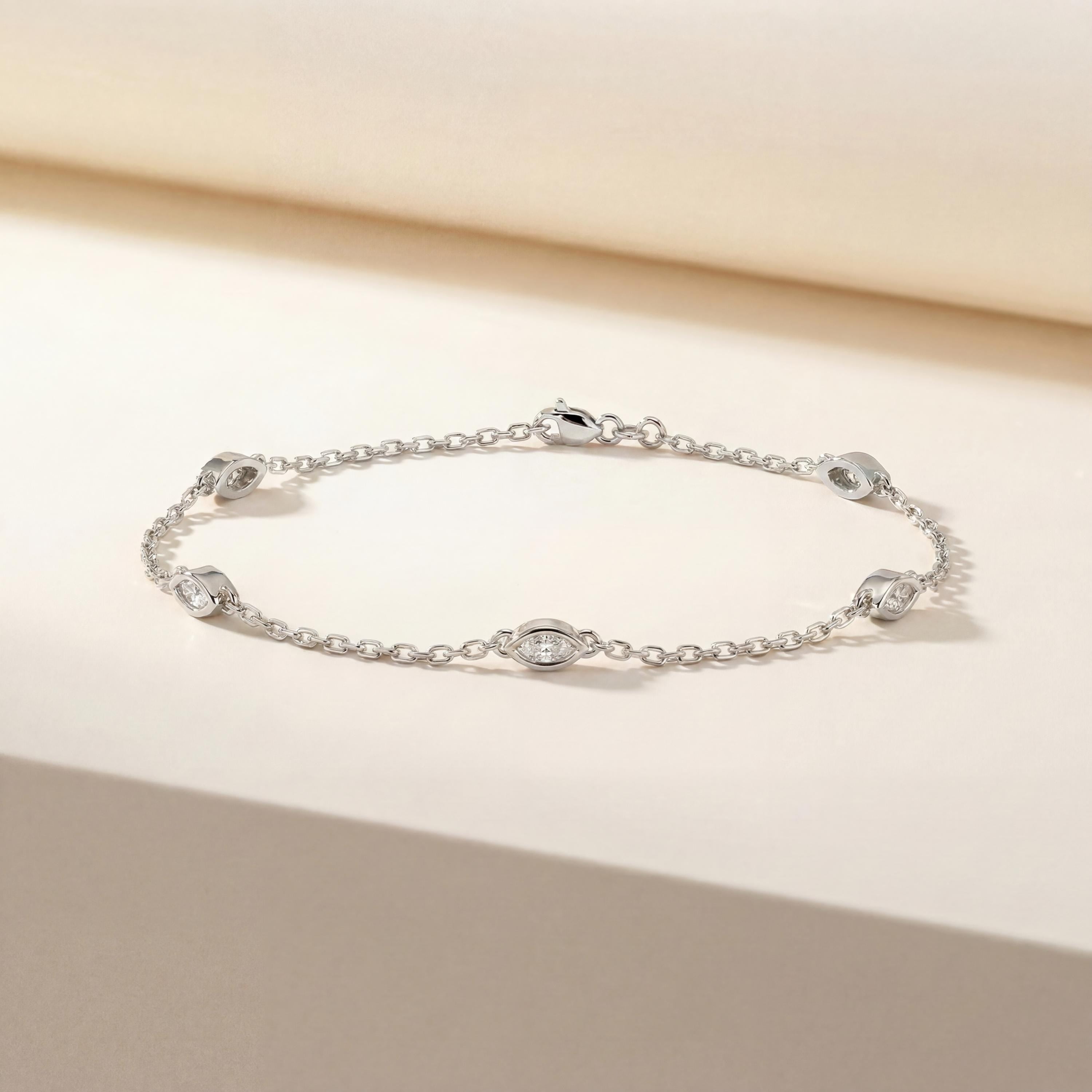 Marquise Diamond By The Yard Bezel Set 14K Solid Gold Chain Link Bracelet