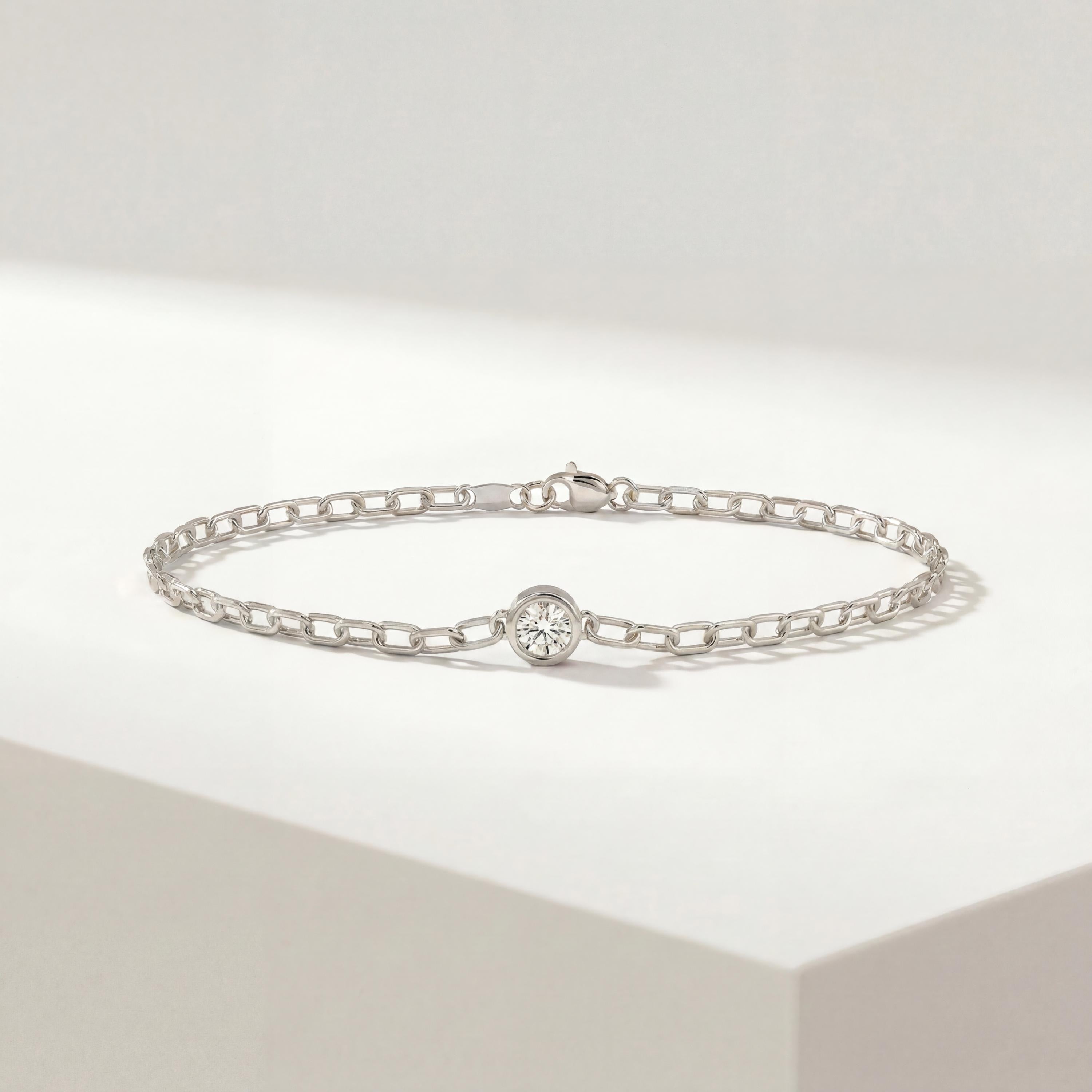 Round Brilliant Cut Solitaire Bezel Set Diamond 14K Solid Gold Paperclip Link Bracelet