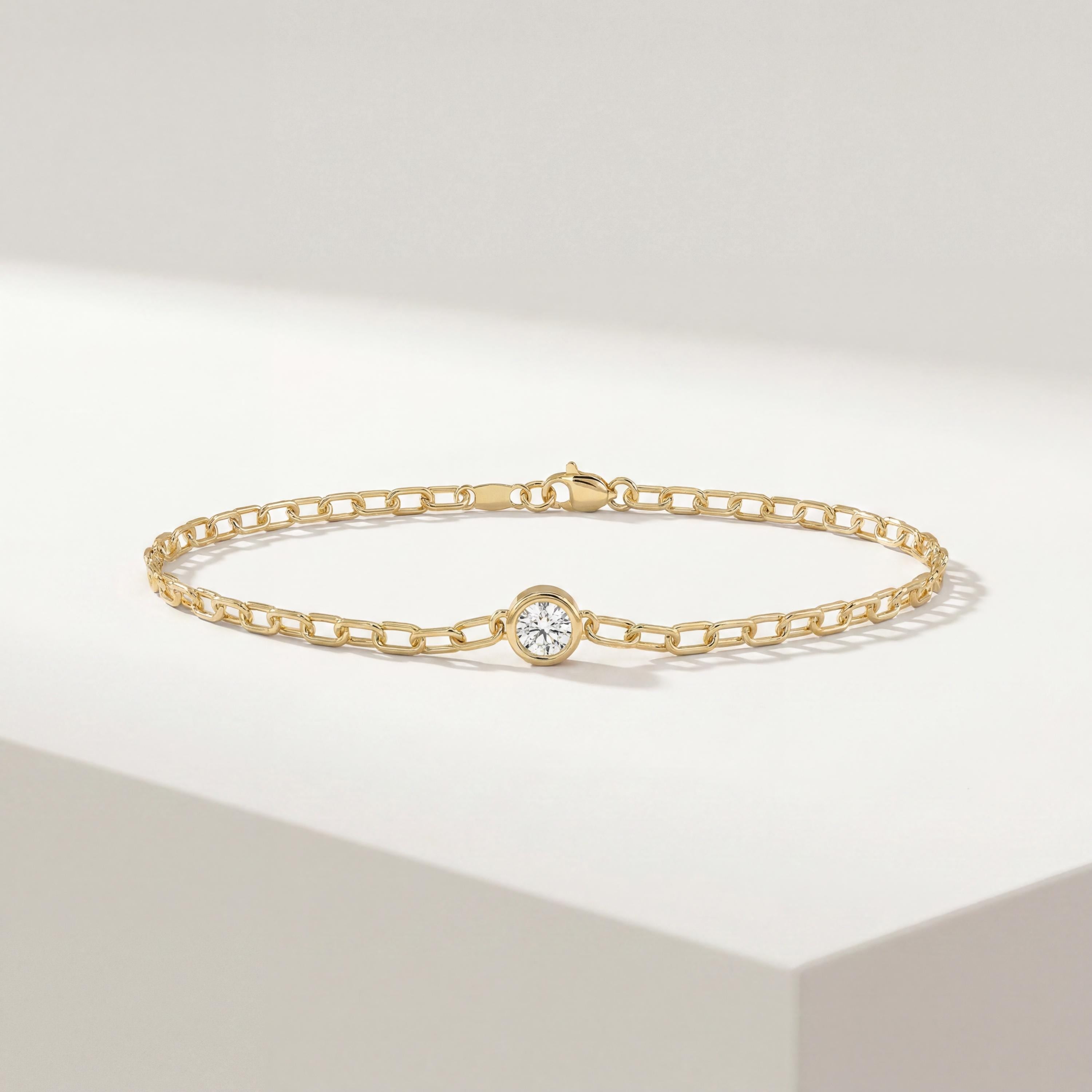 Round Brilliant Cut Solitaire Bezel Set Diamond 14K Solid Gold Paperclip Link Bracelet