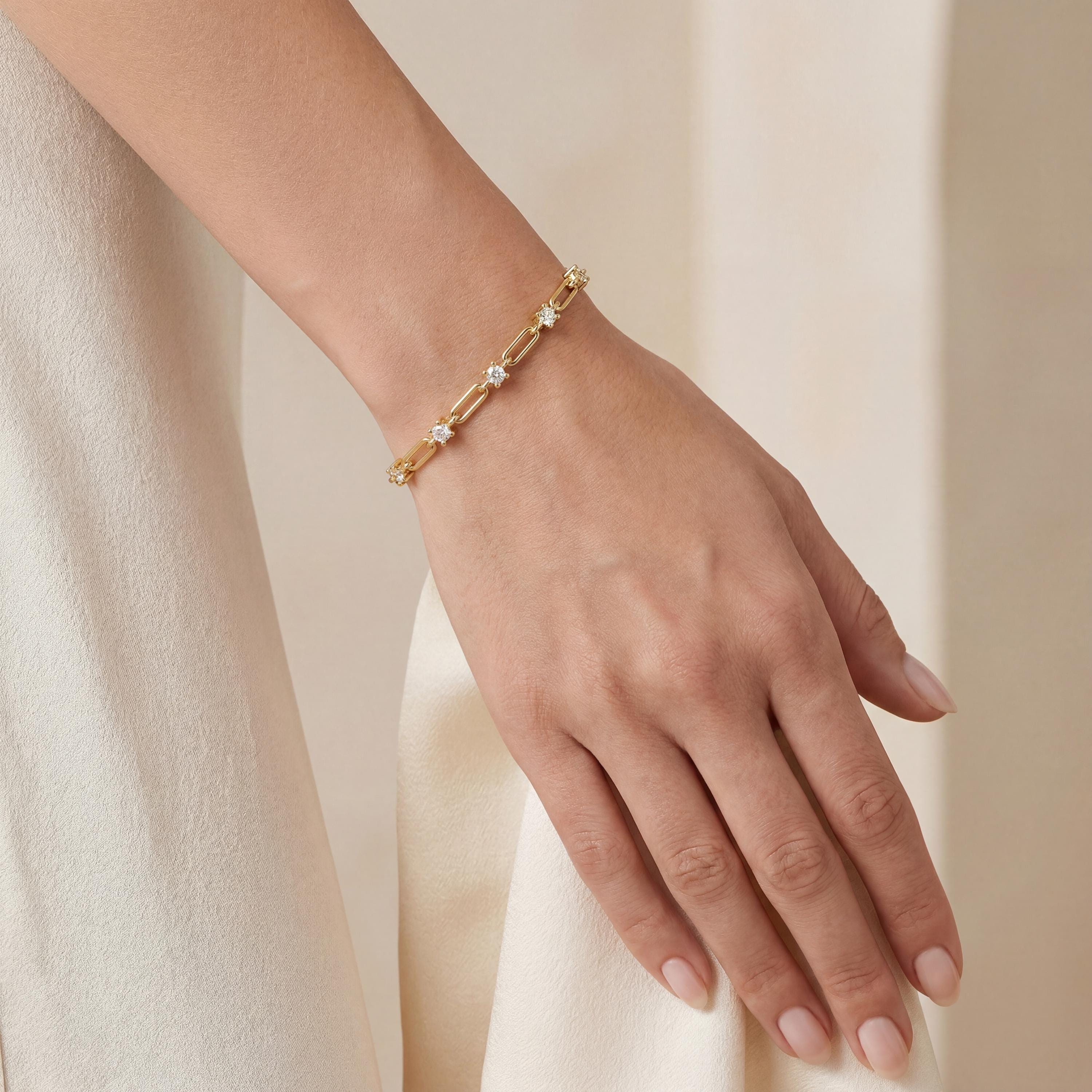 Round Brilliant Cut 5 Stone 14K Solid Gold Paperclip Link Bracelet