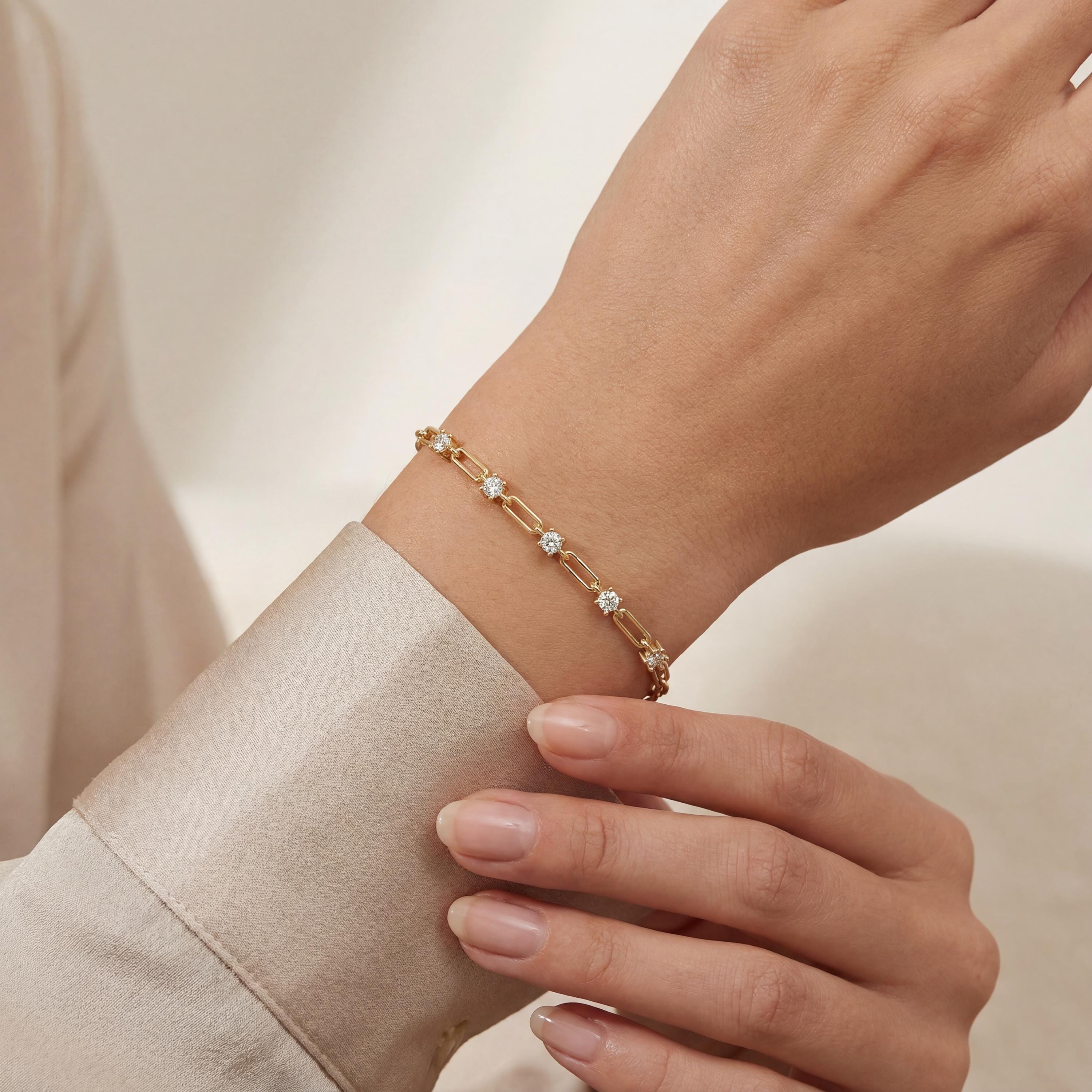 Round Brilliant Cut 5 Stone 14K Solid Gold Paperclip Link Bracelet